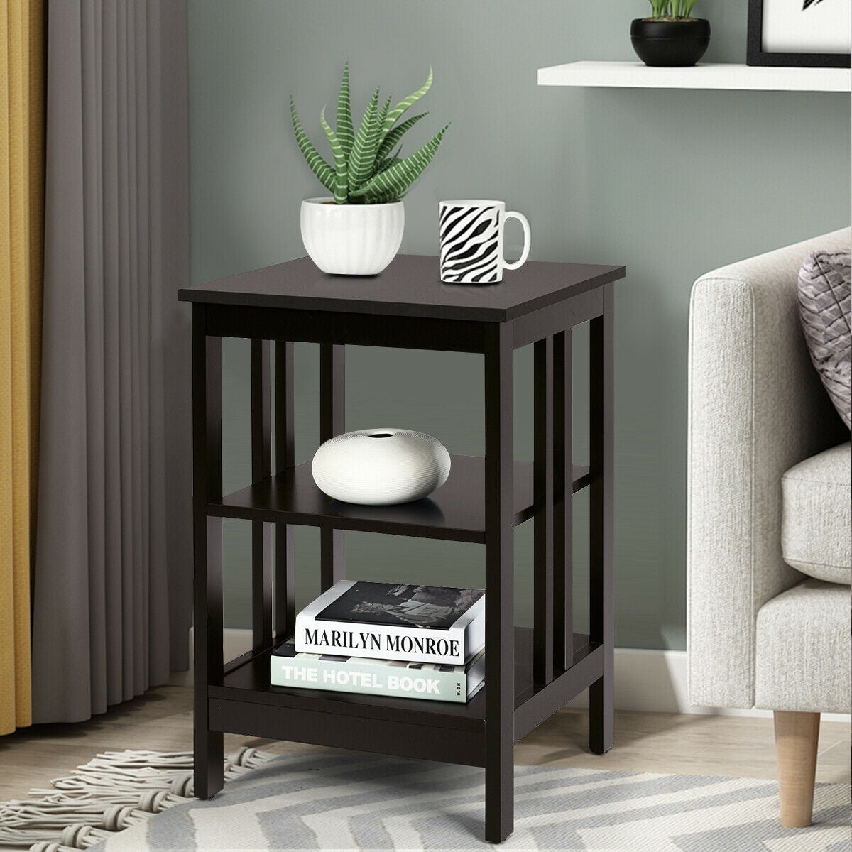 3-tier Side Table Nightstand with Stable Structure-Dark BrownÂ
