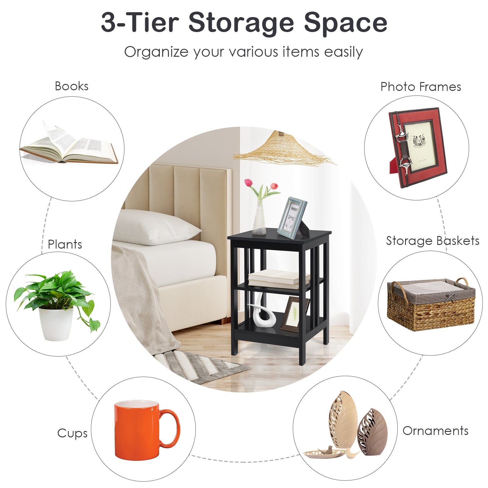 3-tier Side Table Nightstand with Stable Structure-BlackÂ