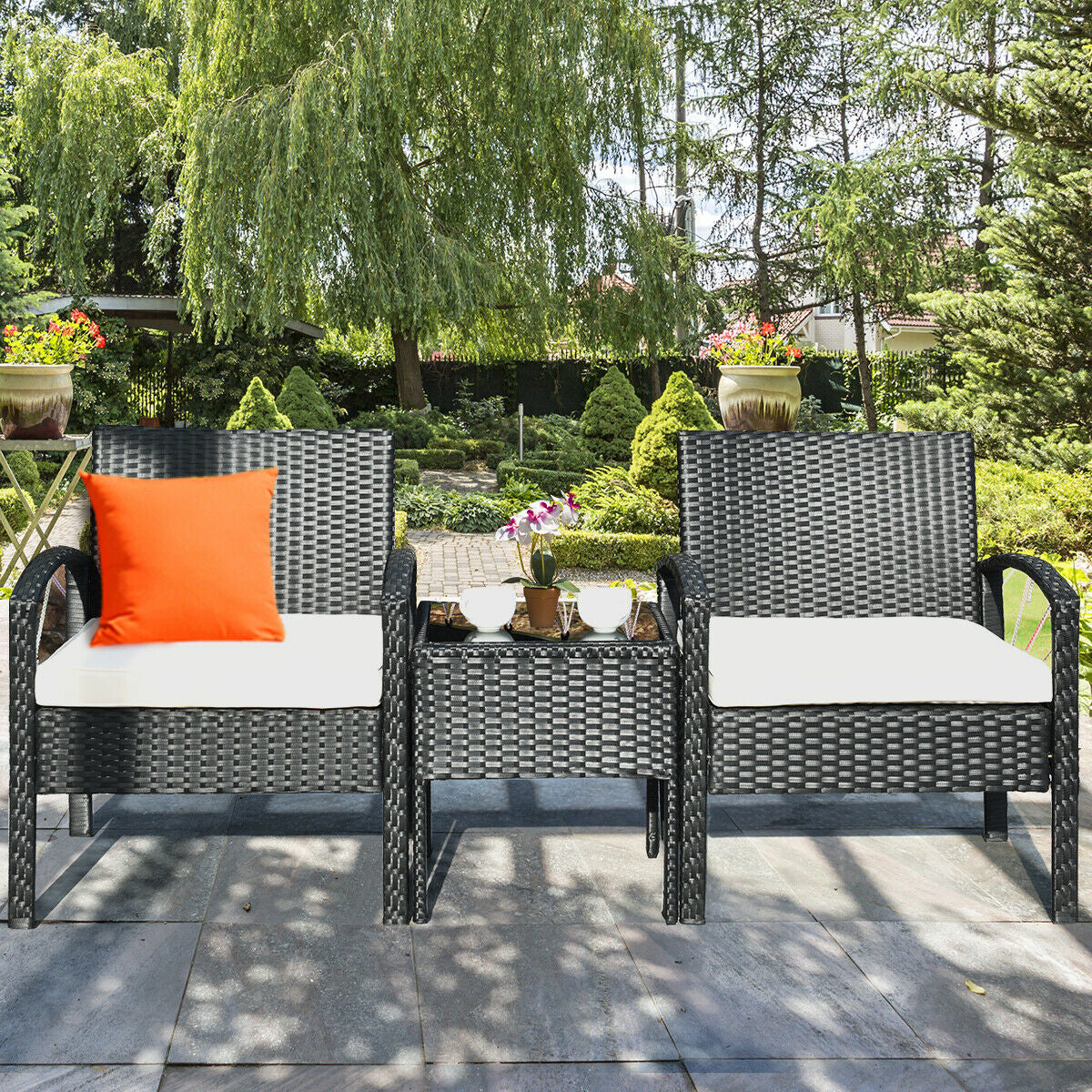 3 Piece Patio Rattan Furniture Set Sofa Cushioned Table GardenÂ