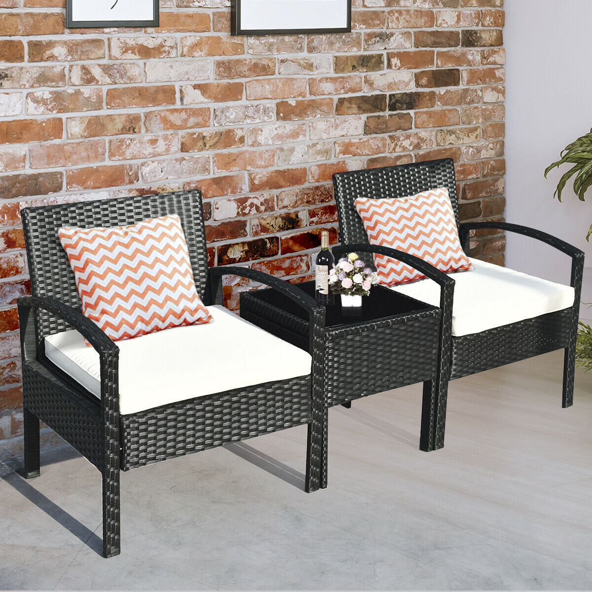 3 Piece Patio Rattan Furniture Set Sofa Cushioned Table GardenÂ