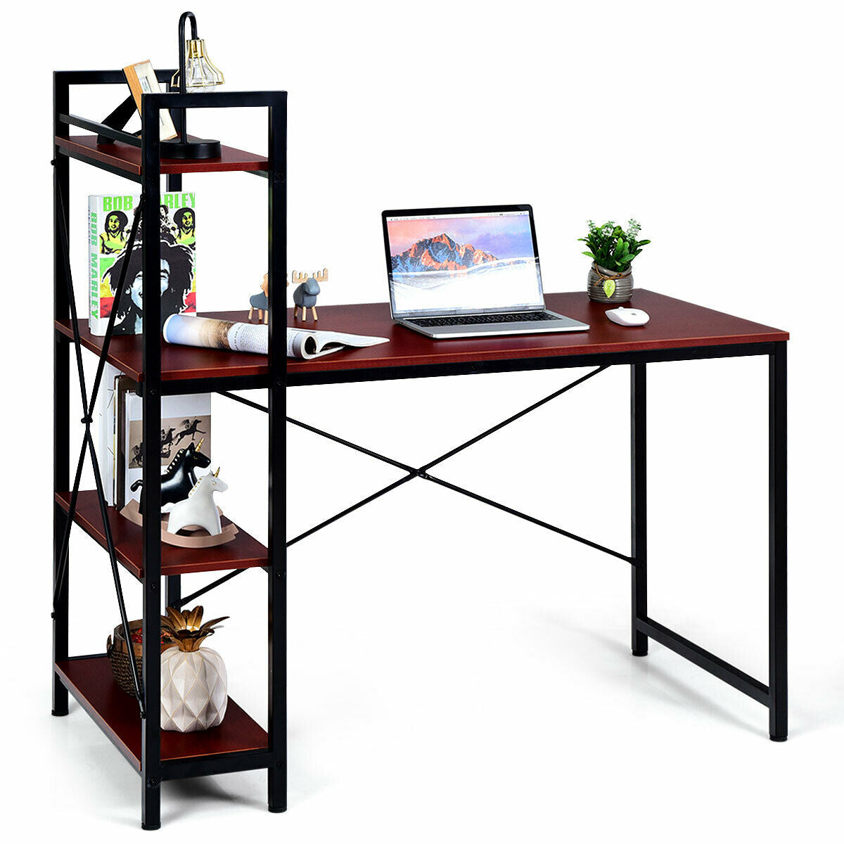 47.5 Inch Writing Study Computer Desk with 4-Tier Shelves-CoffeeÂ