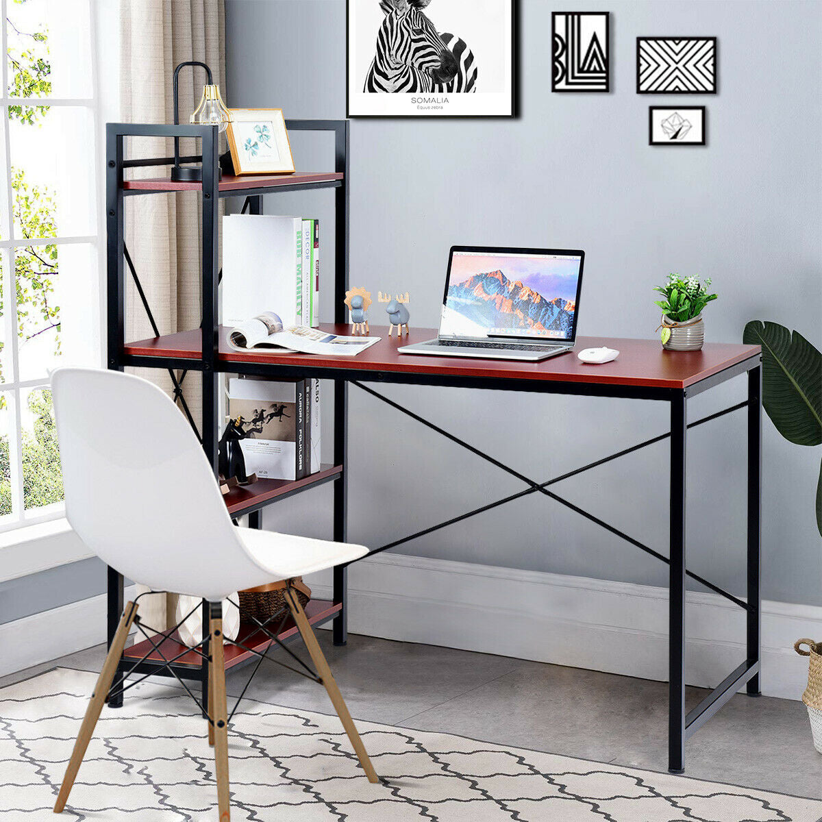47.5 Inch Writing Study Computer Desk with 4-Tier Shelves-CoffeeÂ