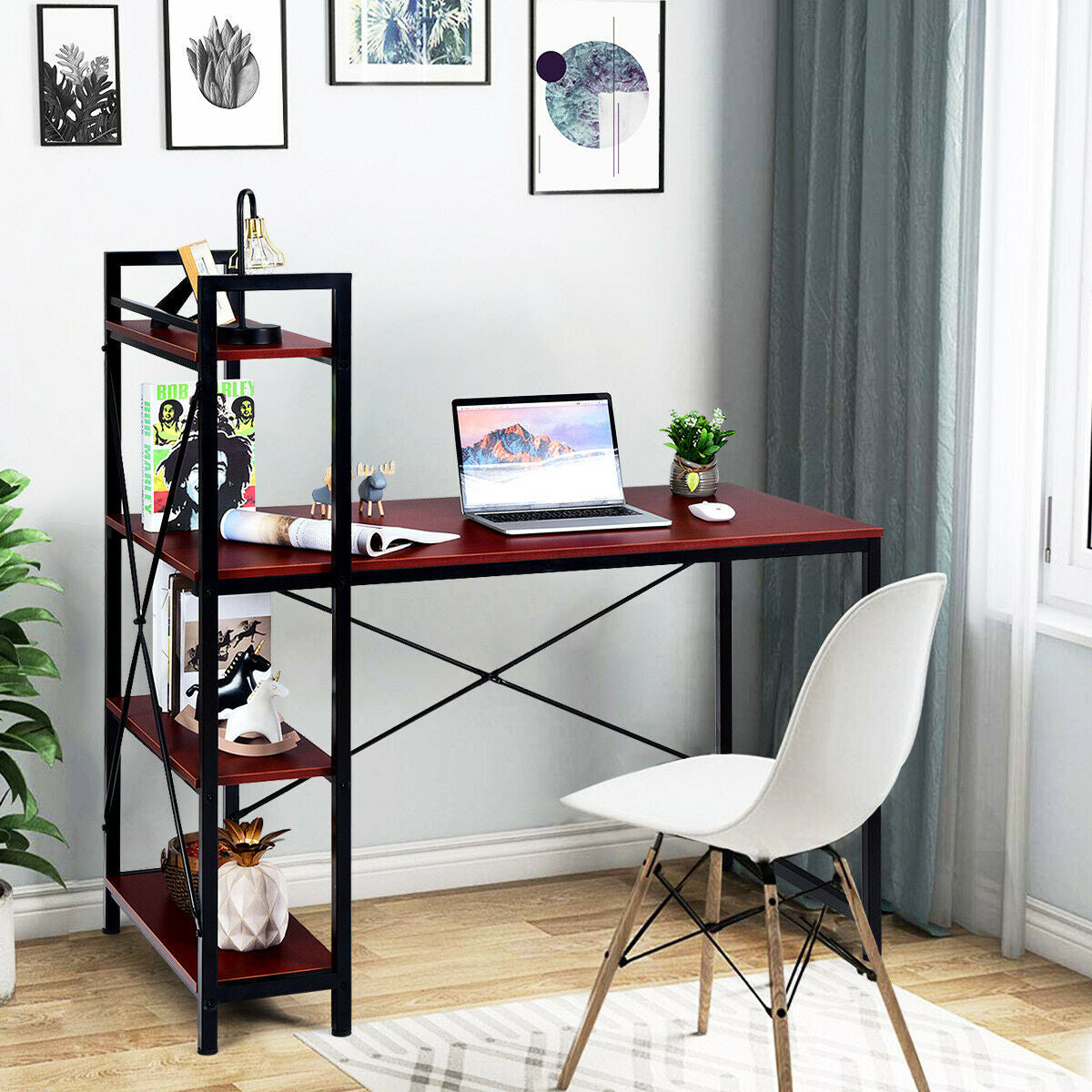 47.5 Inch Writing Study Computer Desk with 4-Tier Shelves-CoffeeÂ