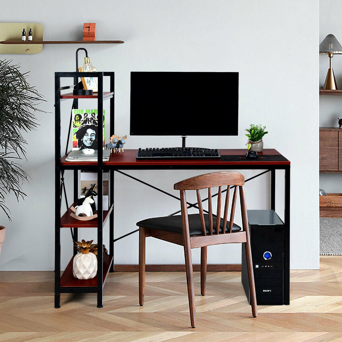 47.5 Inch Writing Study Computer Desk with 4-Tier Shelves-CoffeeÂ
