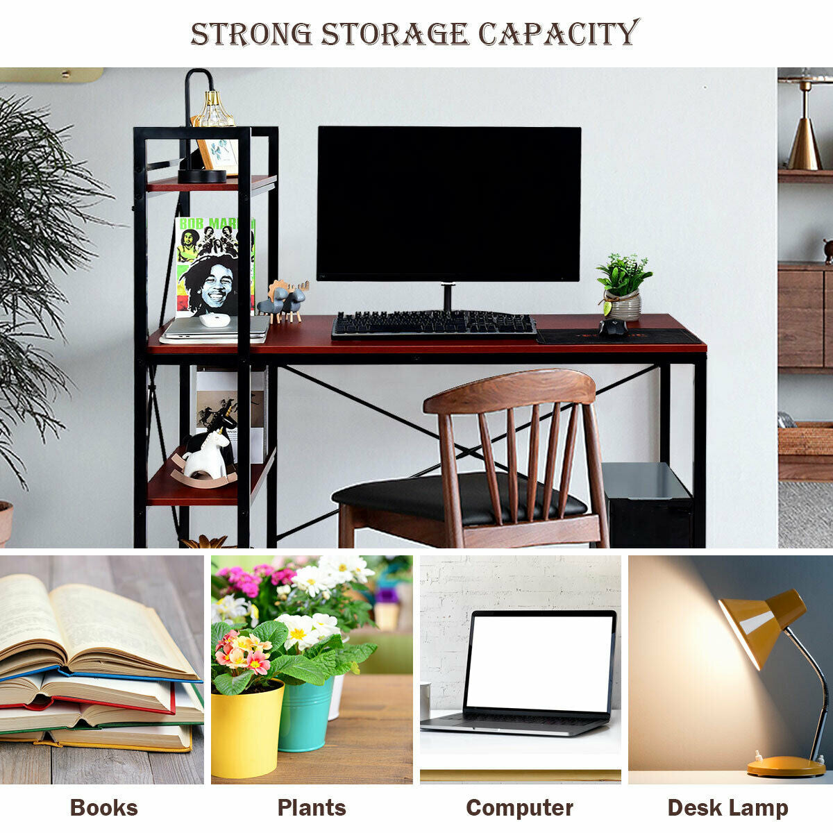 47.5 Inch Writing Study Computer Desk with 4-Tier Shelves-CoffeeÂ