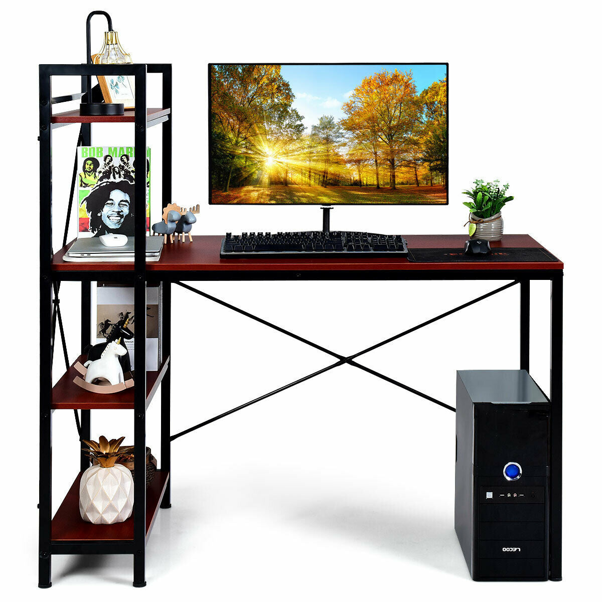 47.5 Inch Writing Study Computer Desk with 4-Tier Shelves-CoffeeÂ