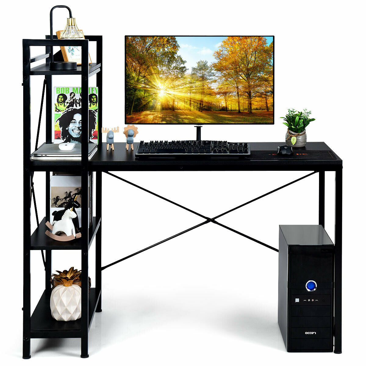 47.5 Inch Writing Study Computer Desk with 4-Tier Shelves-BlackÂ