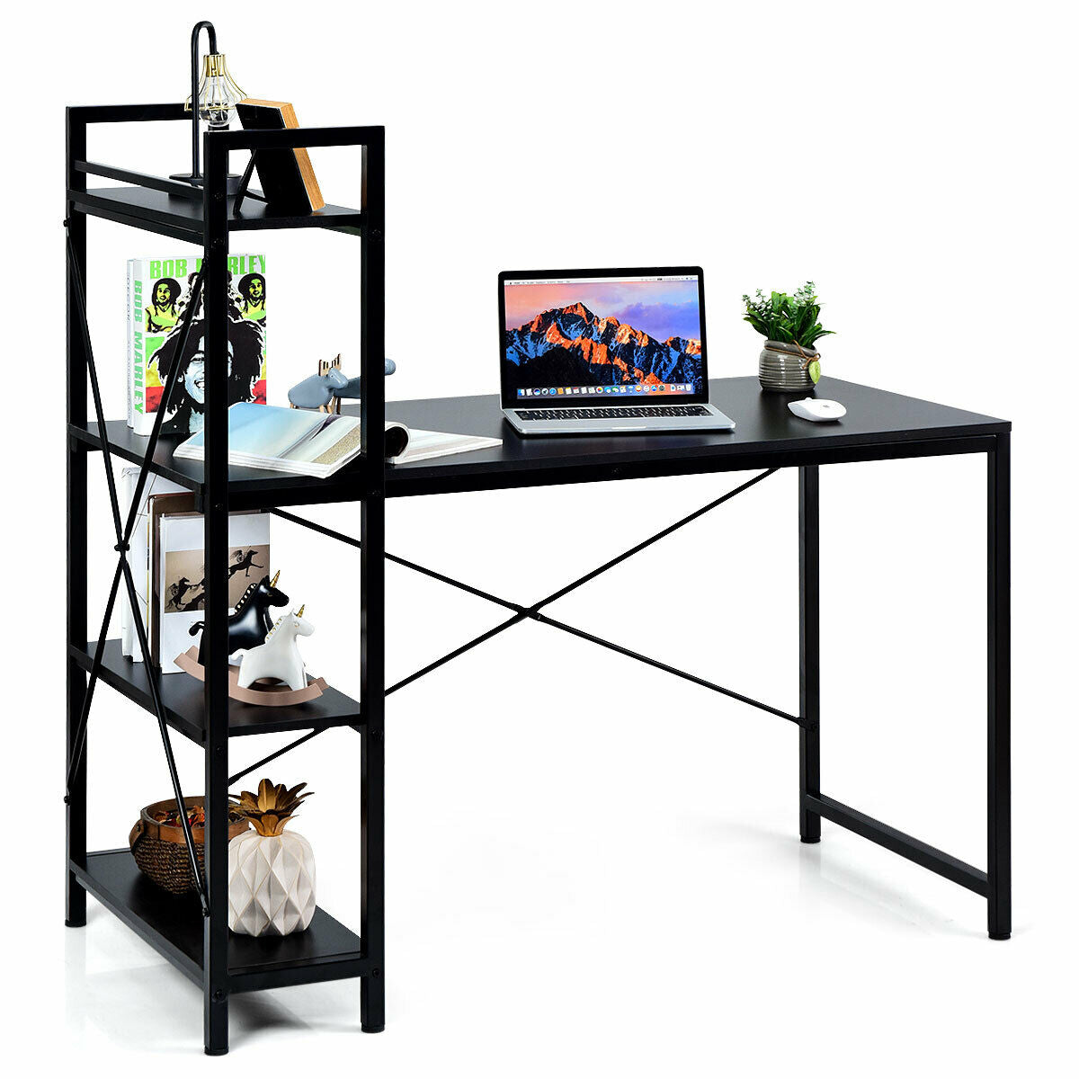 47.5 Inch Writing Study Computer Desk with 4-Tier Shelves-BlackÂ