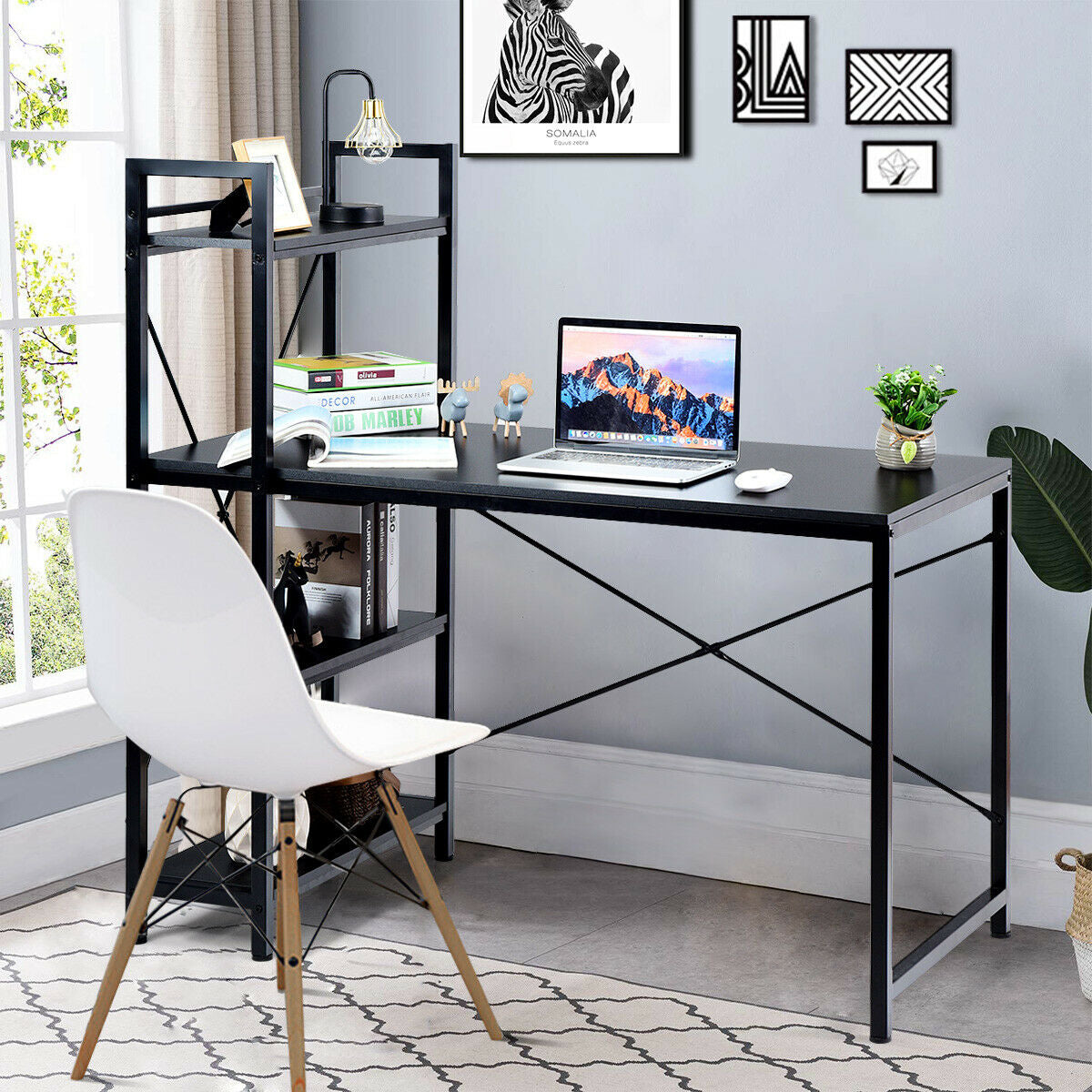 47.5 Inch Writing Study Computer Desk with 4-Tier Shelves-BlackÂ