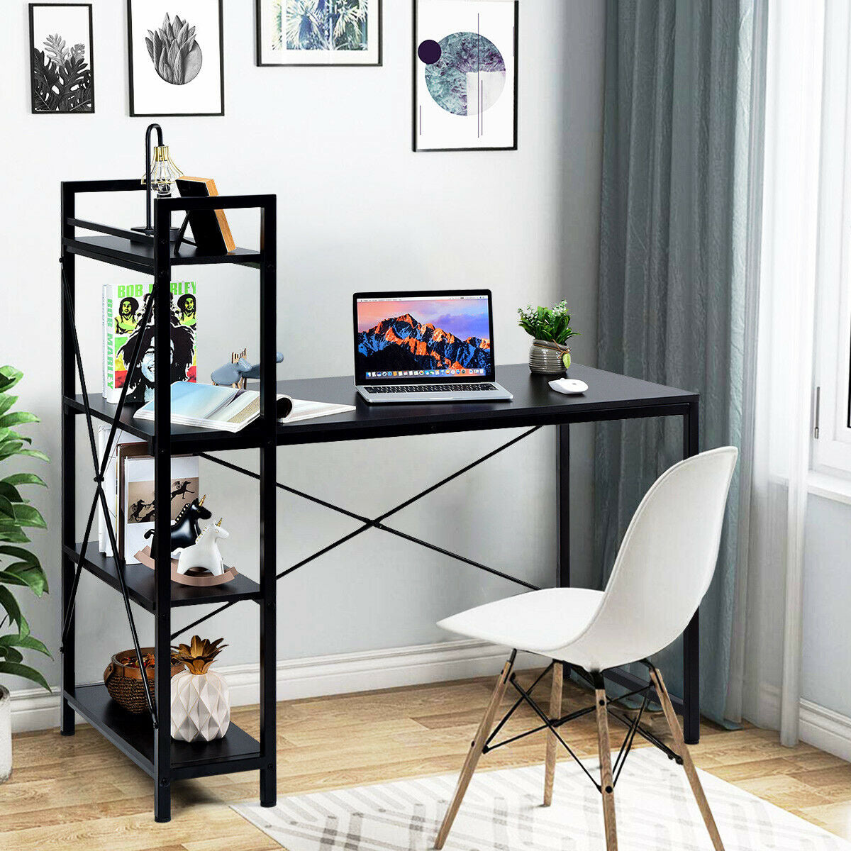47.5 Inch Writing Study Computer Desk with 4-Tier Shelves-BlackÂ