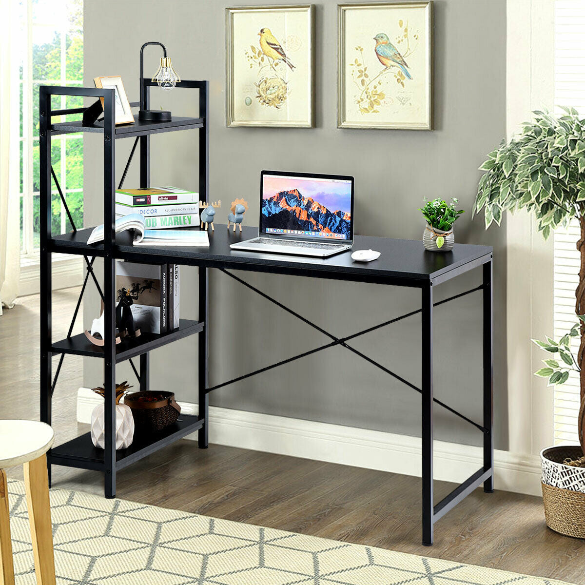 47.5 Inch Writing Study Computer Desk with 4-Tier Shelves-BlackÂ