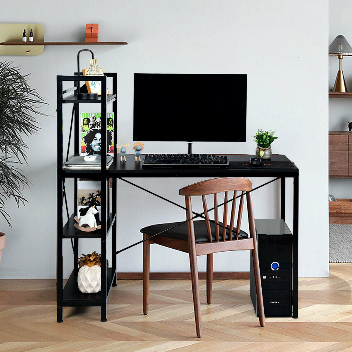 47.5 Inch Writing Study Computer Desk with 4-Tier Shelves-BlackÂ