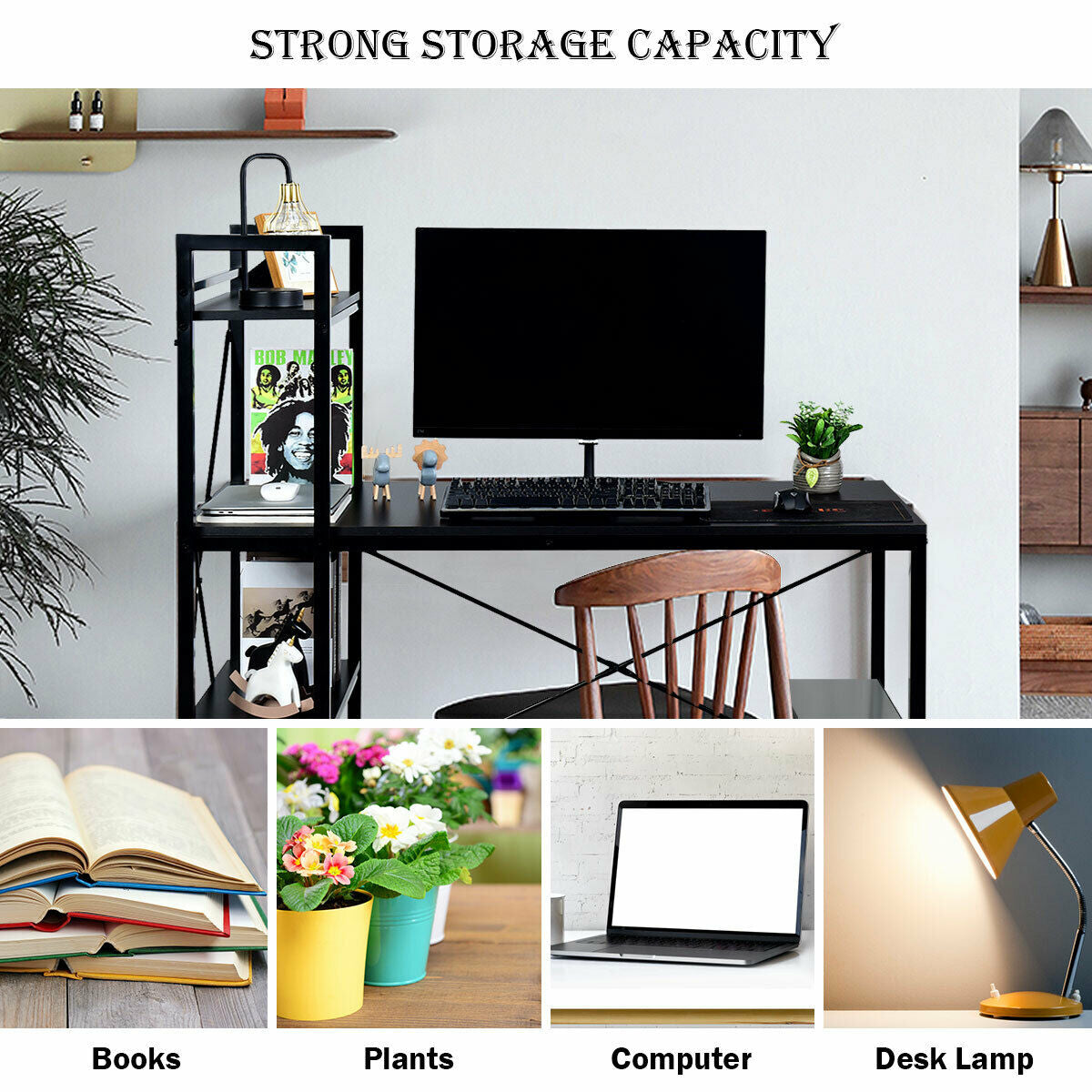 47.5 Inch Writing Study Computer Desk with 4-Tier Shelves-BlackÂ