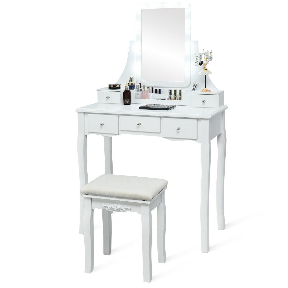 10 Dimmable Light Bulbs Vanity Dressing Table with 2 Dividers and Cushioned Stool-WhiteÂ