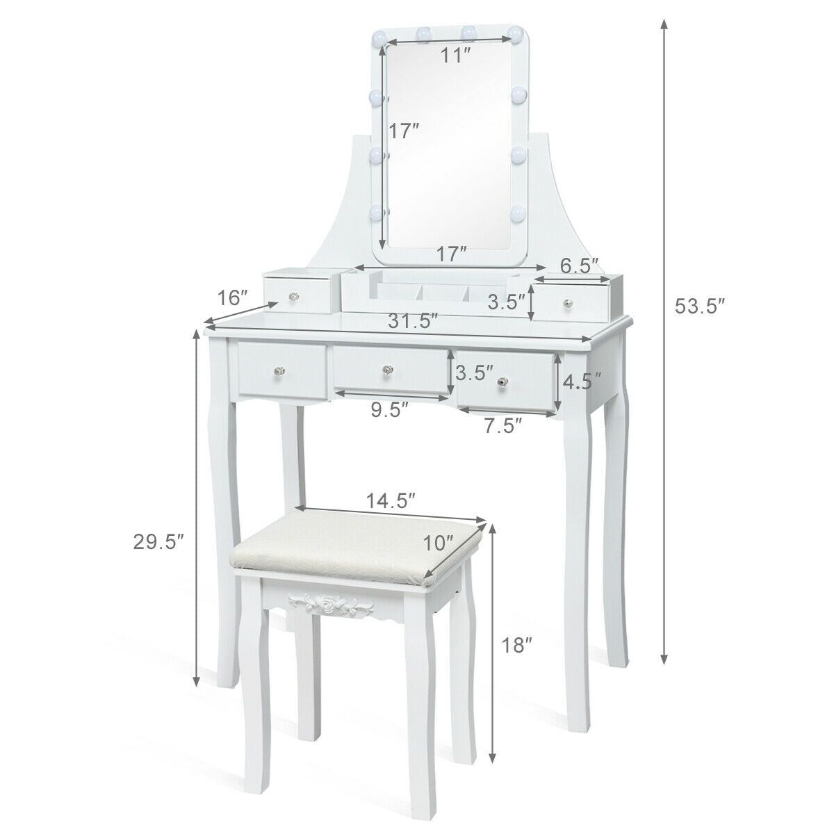 10 Dimmable Light Bulbs Vanity Dressing Table with 2 Dividers and Cushioned Stool-WhiteÂ