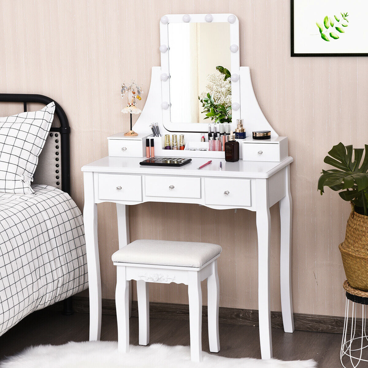 10 Dimmable Light Bulbs Vanity Dressing Table with 2 Dividers and Cushioned Stool-WhiteÂ