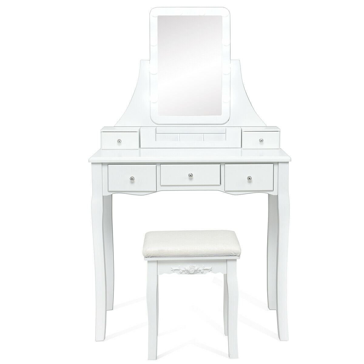 10 Dimmable Light Bulbs Vanity Dressing Table with 2 Dividers and Cushioned Stool-WhiteÂ