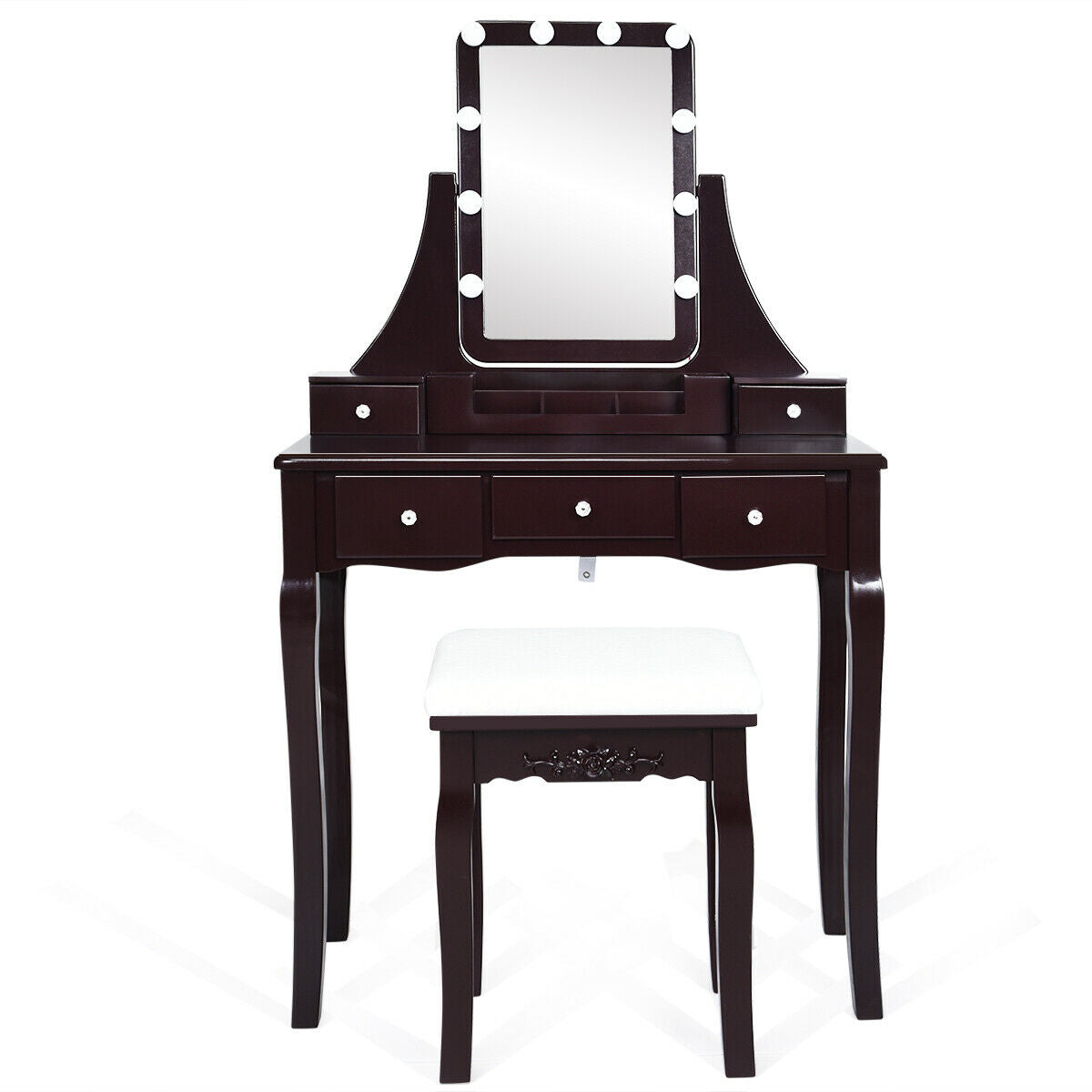 10 Dimmable Light Bulbs Vanity Dressing Table with 2 Dividers and Cushioned Stool-BrownÂ