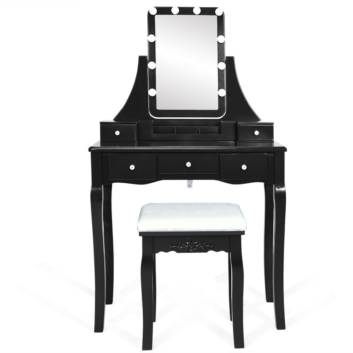 10 Dimmable Light Bulbs Vanity Dressing Table with 2 Dividers and Cushioned Stool-BlackÂ