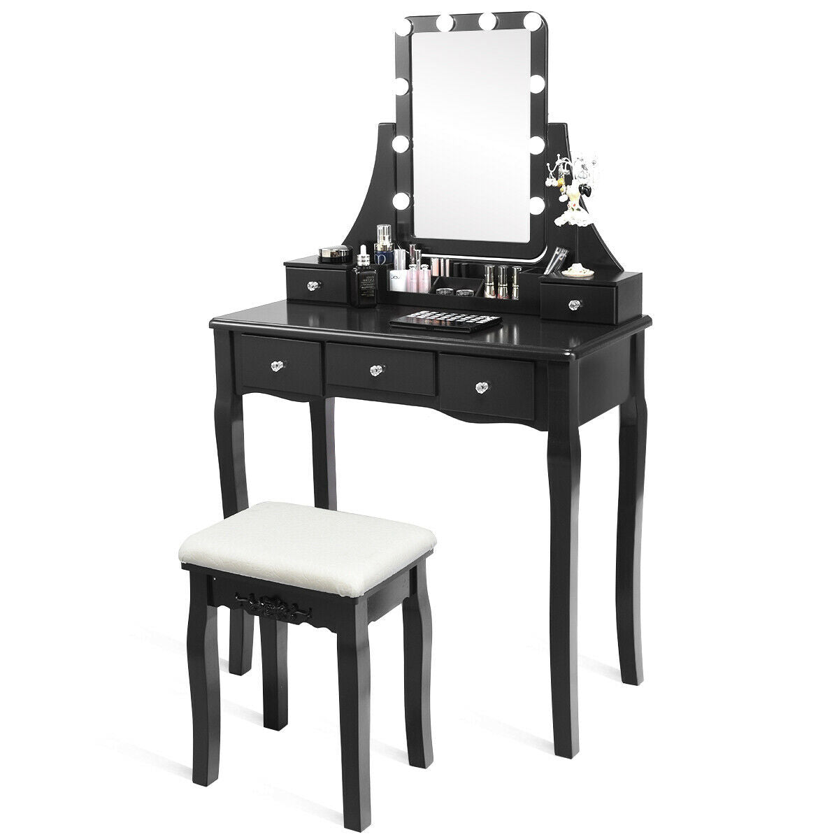 10 Dimmable Light Bulbs Vanity Dressing Table with 2 Dividers and Cushioned Stool-BlackÂ