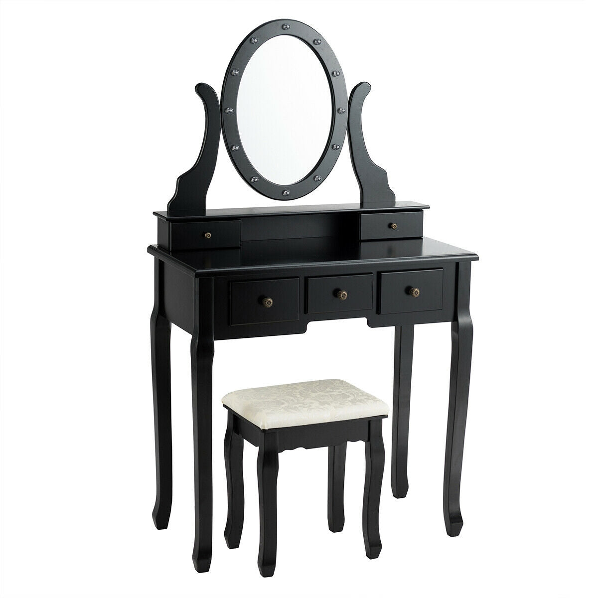 5 Drawers Vanity Table Stool Set with 12-LED Bulbs-BlackÂ