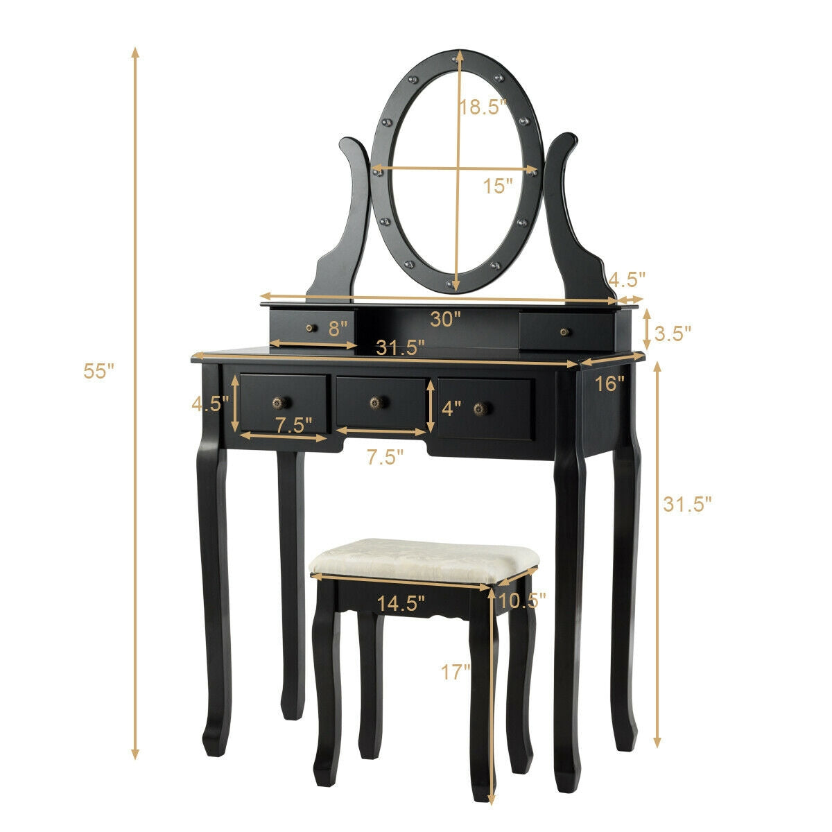 5 Drawers Vanity Table Stool Set with 12-LED Bulbs-BlackÂ