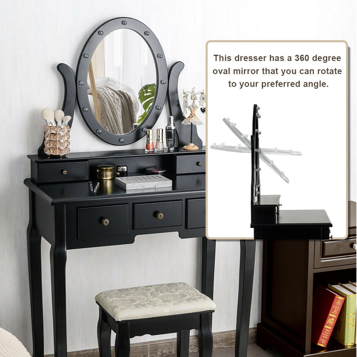 5 Drawers Vanity Table Stool Set with 12-LED Bulbs-BlackÂ