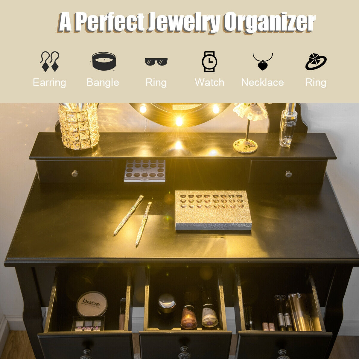 5 Drawers Vanity Table Stool Set with 12-LED Bulbs-BlackÂ