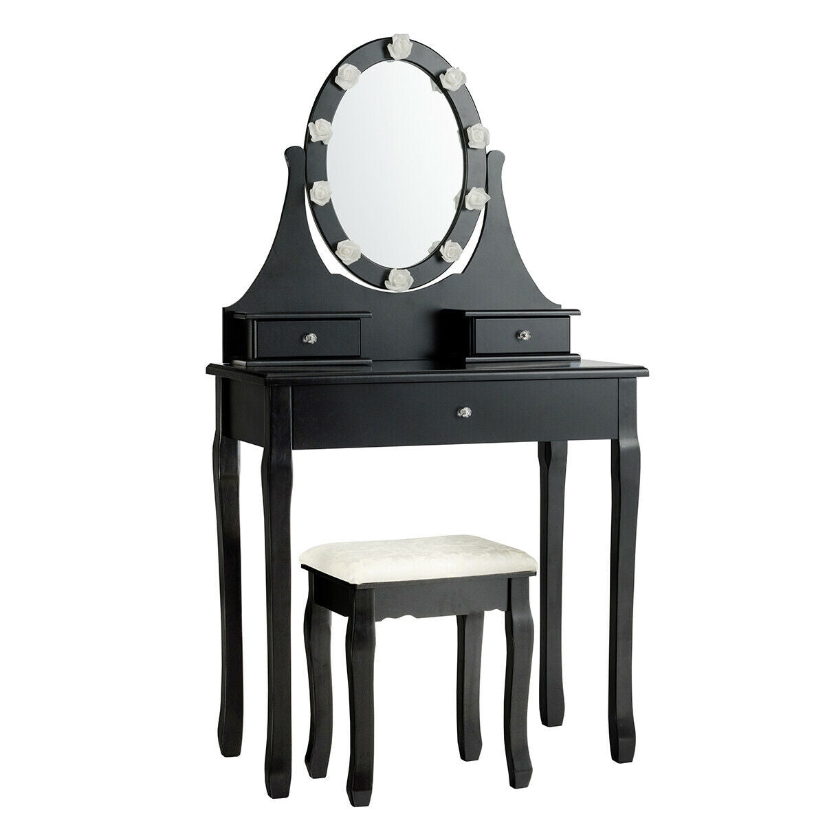 3 Drawers Lighted Mirror Vanity Dressing Table Stool Set-BlackÂ