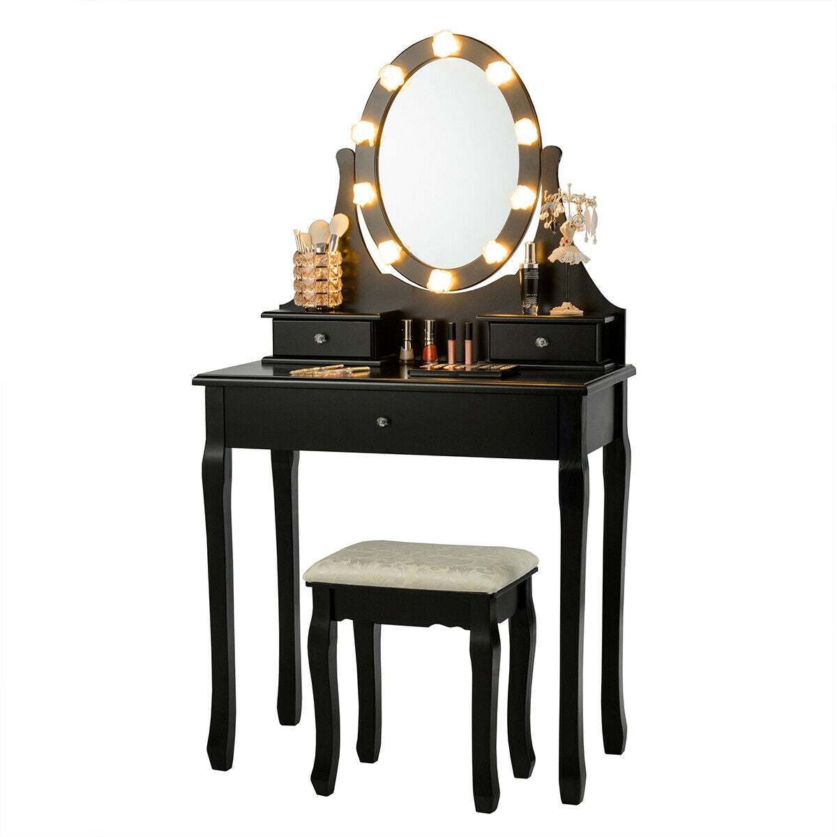 3 Drawers Lighted Mirror Vanity Dressing Table Stool Set-BlackÂ
