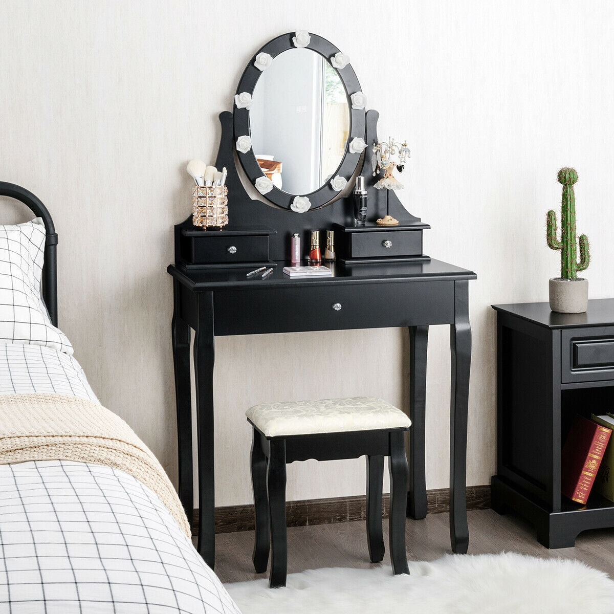 3 Drawers Lighted Mirror Vanity Dressing Table Stool Set-BlackÂ
