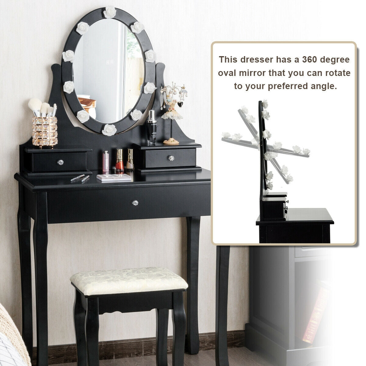 3 Drawers Lighted Mirror Vanity Dressing Table Stool Set-BlackÂ