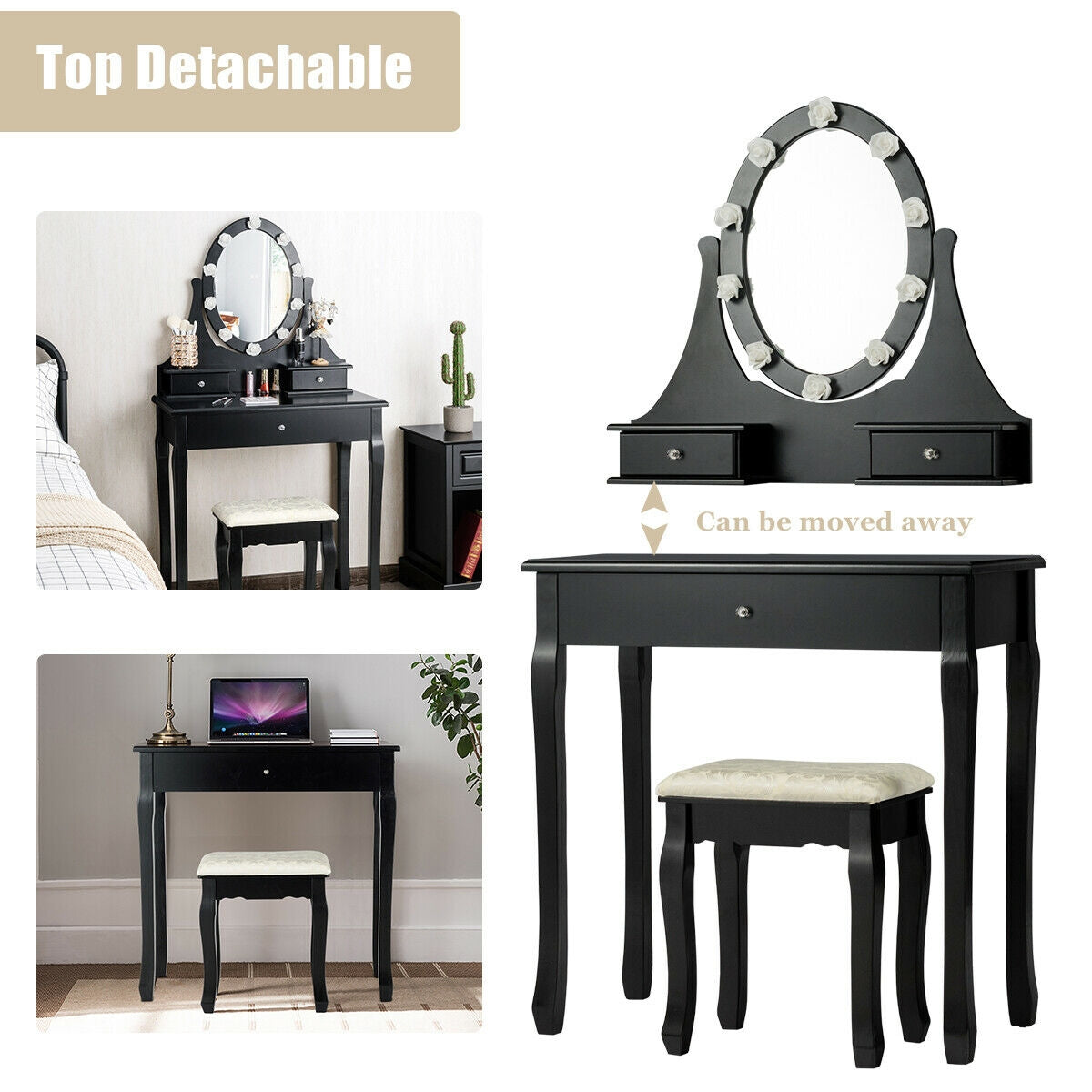 3 Drawers Lighted Mirror Vanity Dressing Table Stool Set-BlackÂ