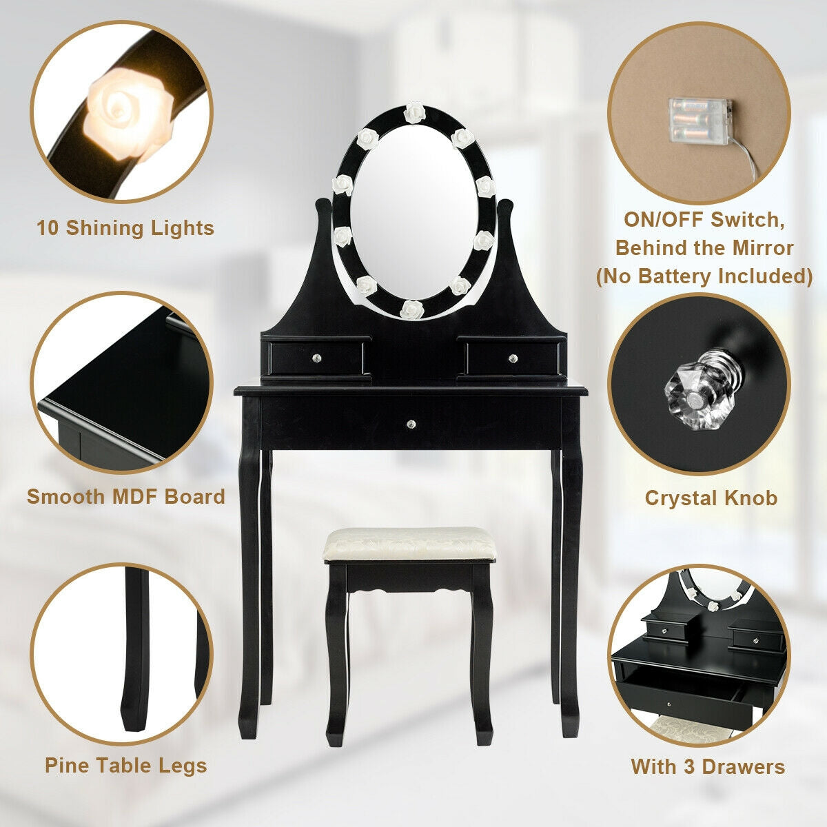 3 Drawers Lighted Mirror Vanity Dressing Table Stool Set-BlackÂ