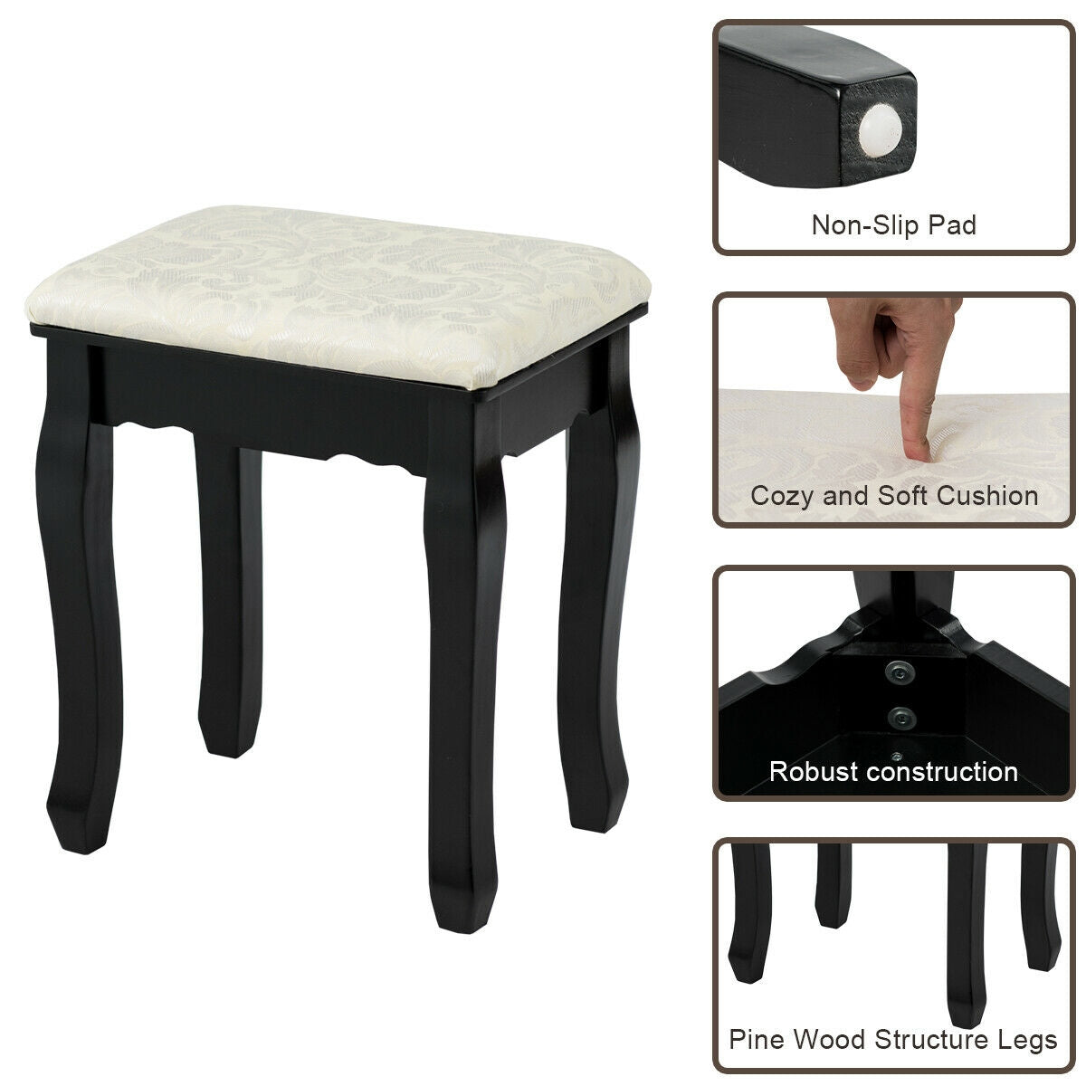 3 Drawers Lighted Mirror Vanity Dressing Table Stool Set-BlackÂ