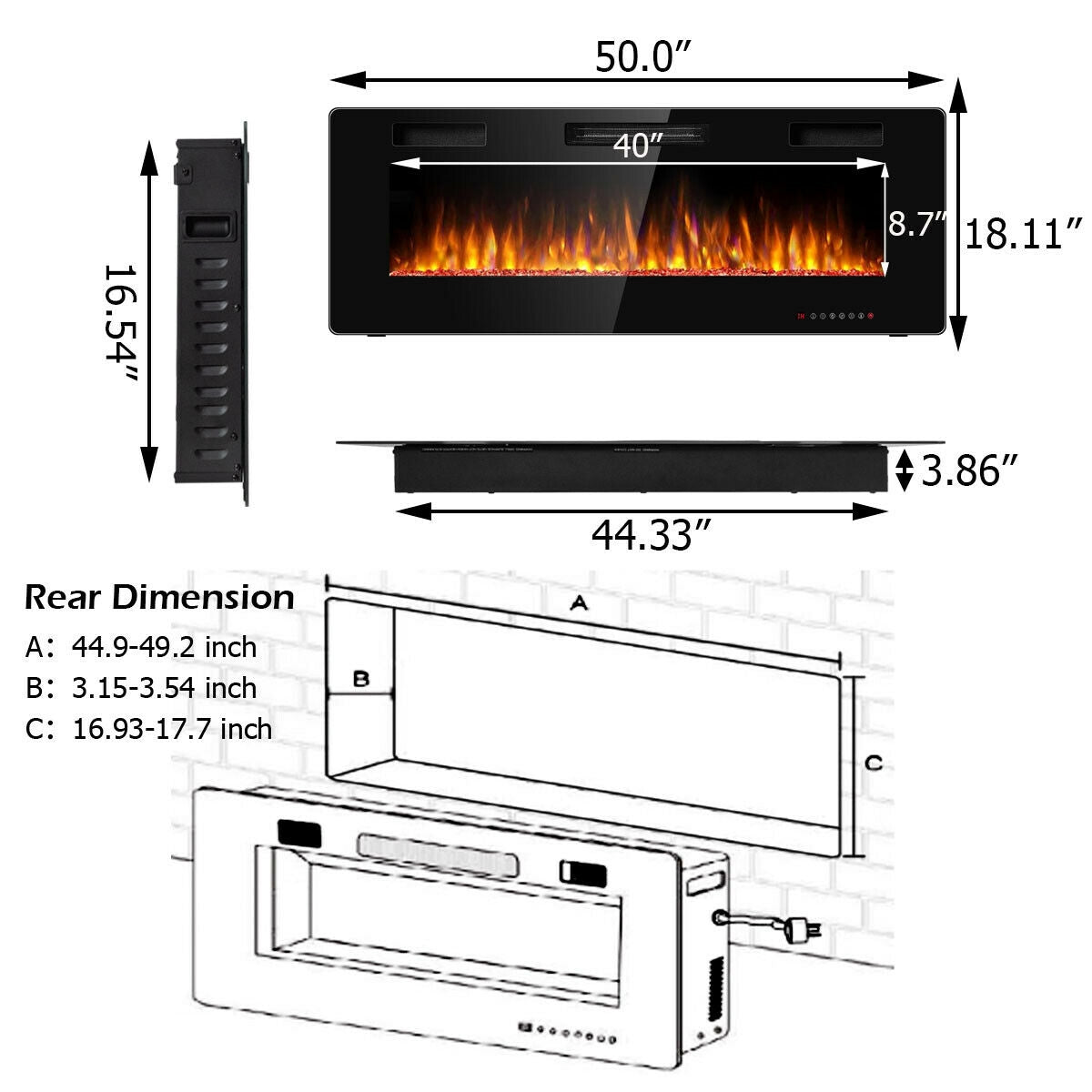 50 Inch Recessed Ultra Thin Electric Fireplace with TimerÂ