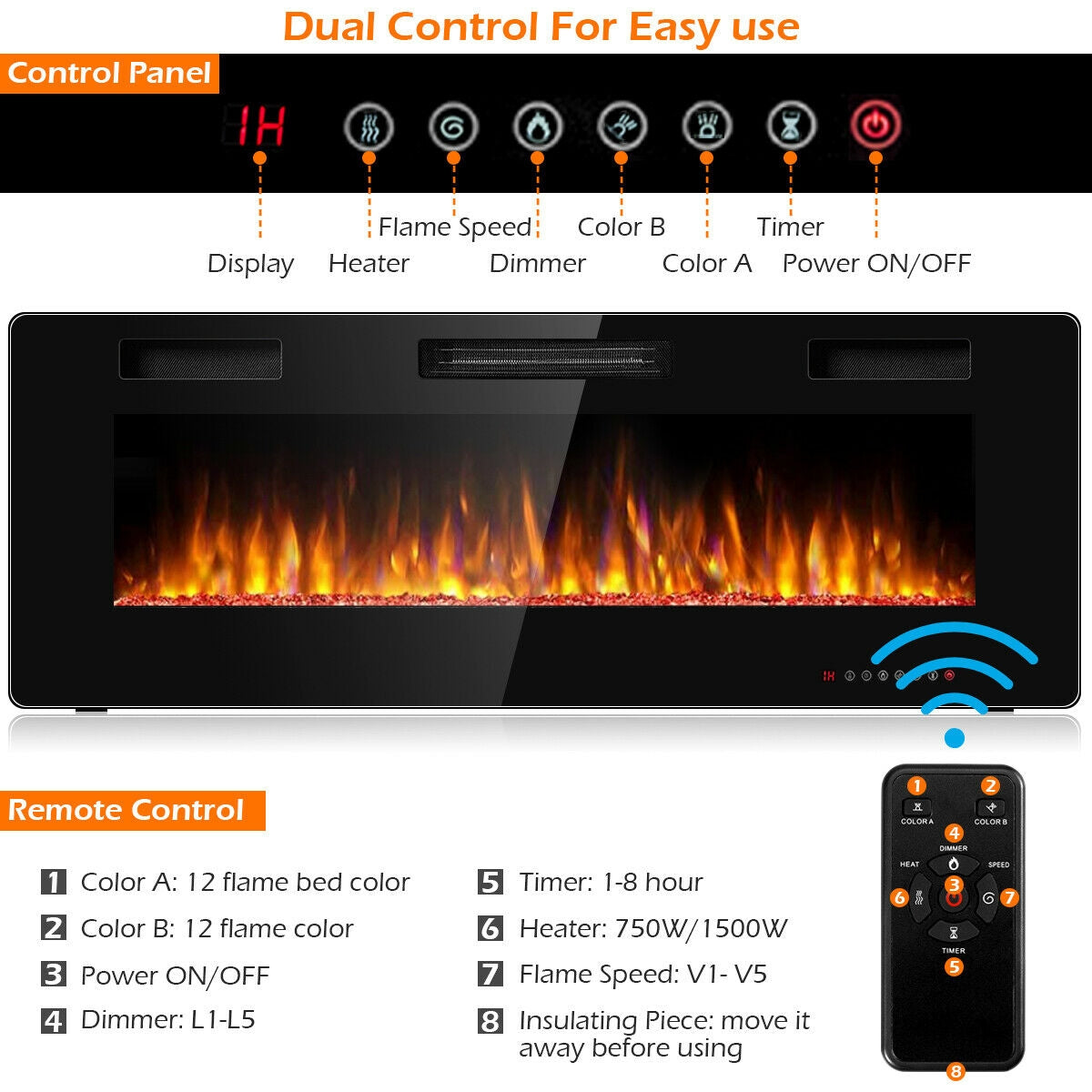 50 Inch Recessed Ultra Thin Electric Fireplace with TimerÂ