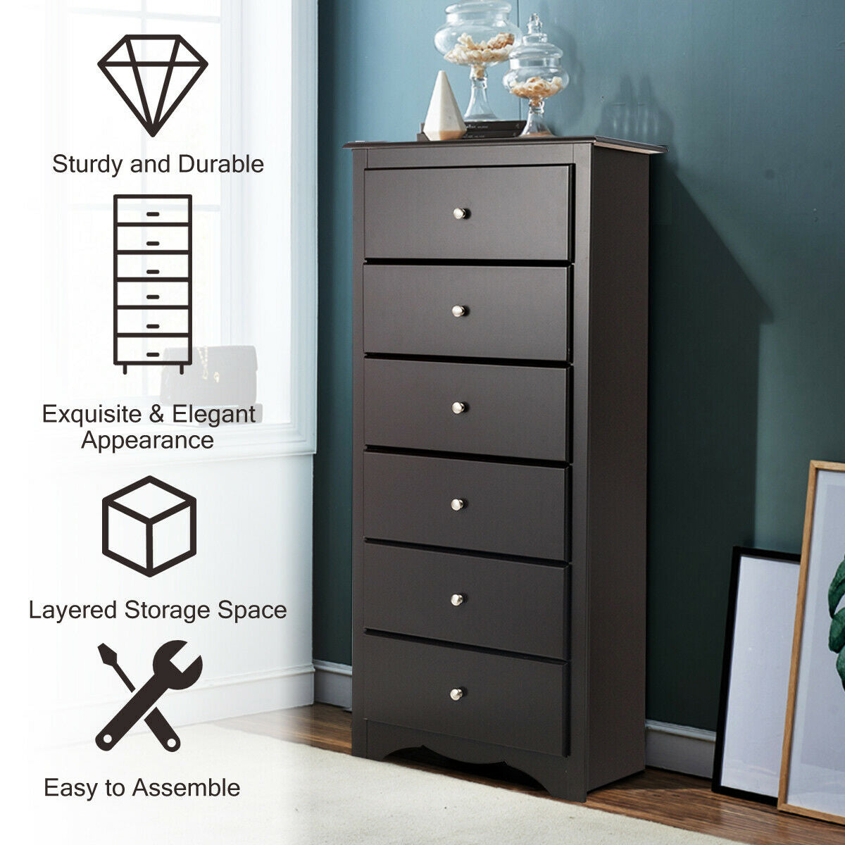 6 Drawers Chest Dresser Clothes Storage Bedroom Furniture Cabinet-BrownÂ