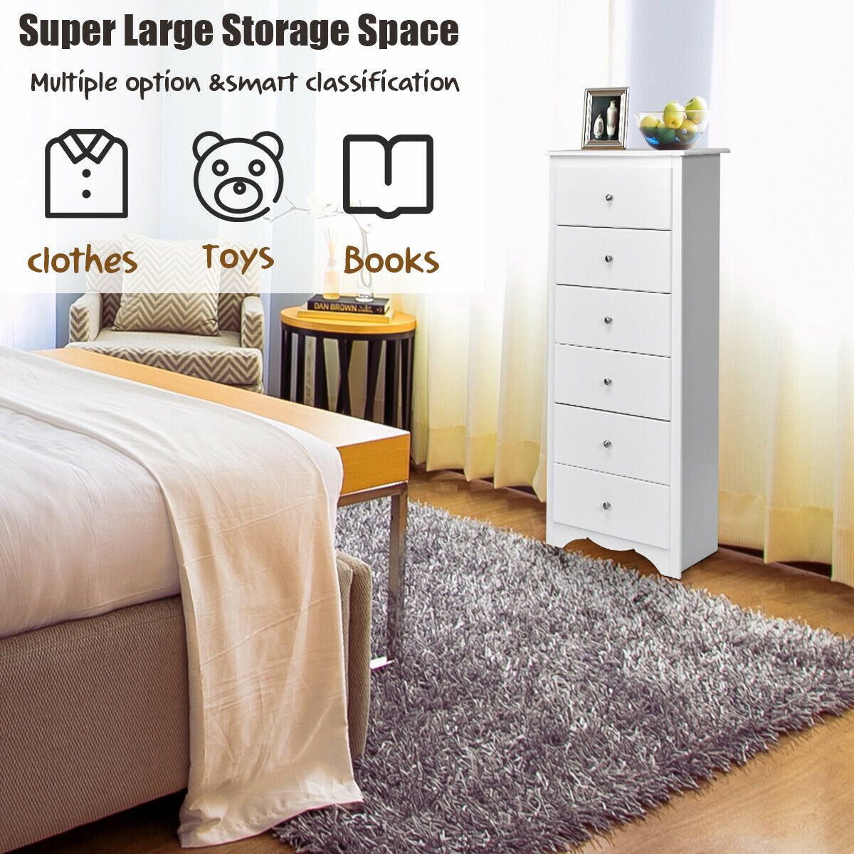 6 Drawers Chest Dresser Clothes Storage Bedroom Furniture Cabinet-WhiteÂ