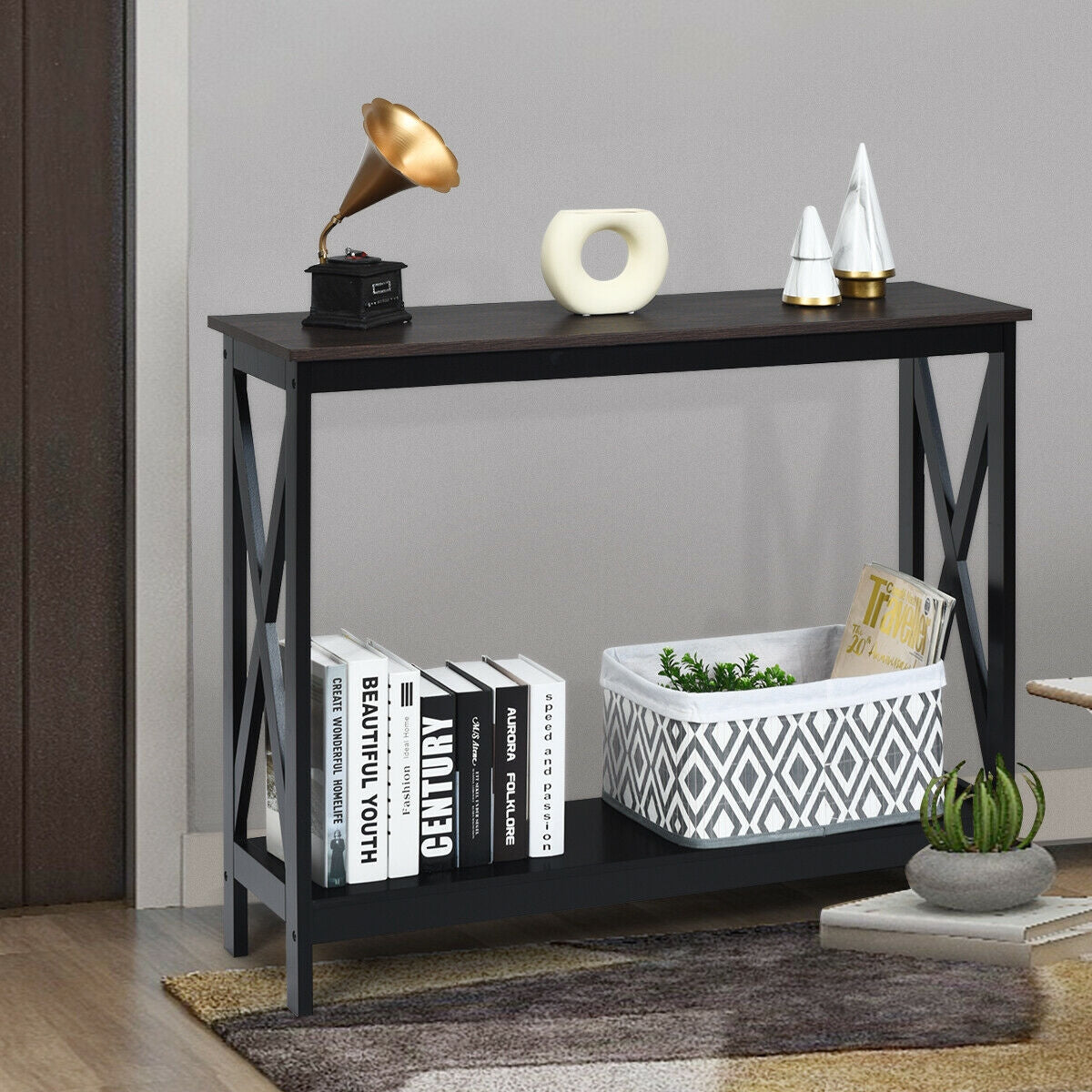 2-Tier Console X-Design Sofa Side Accent Table-BrownÂ