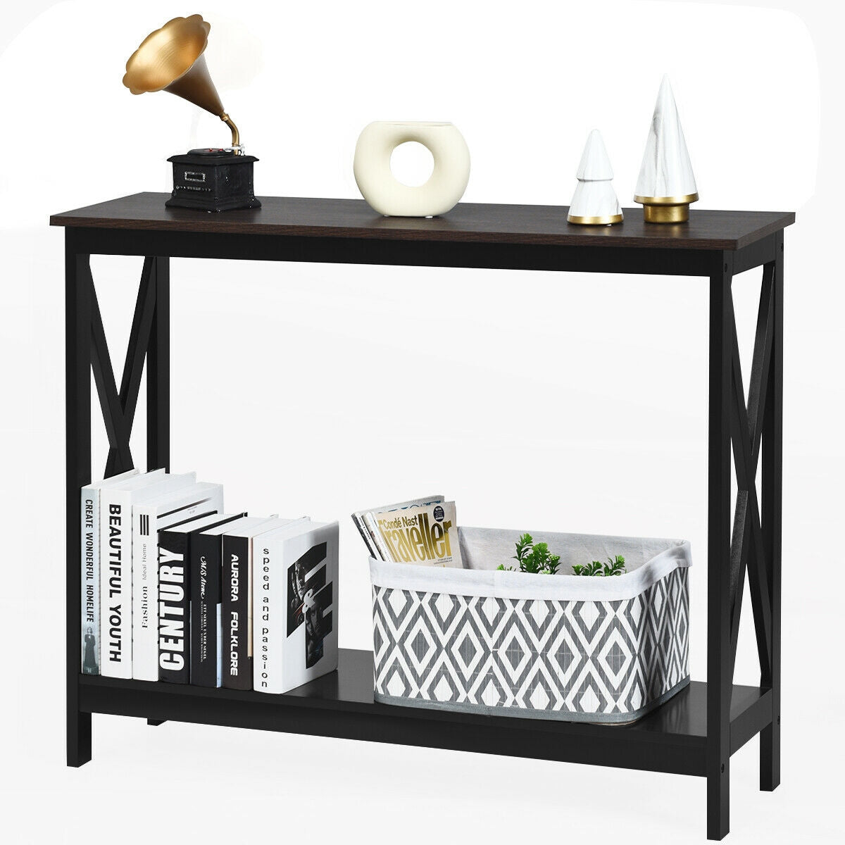 2-Tier Console X-Design Sofa Side Accent Table-BrownÂ
