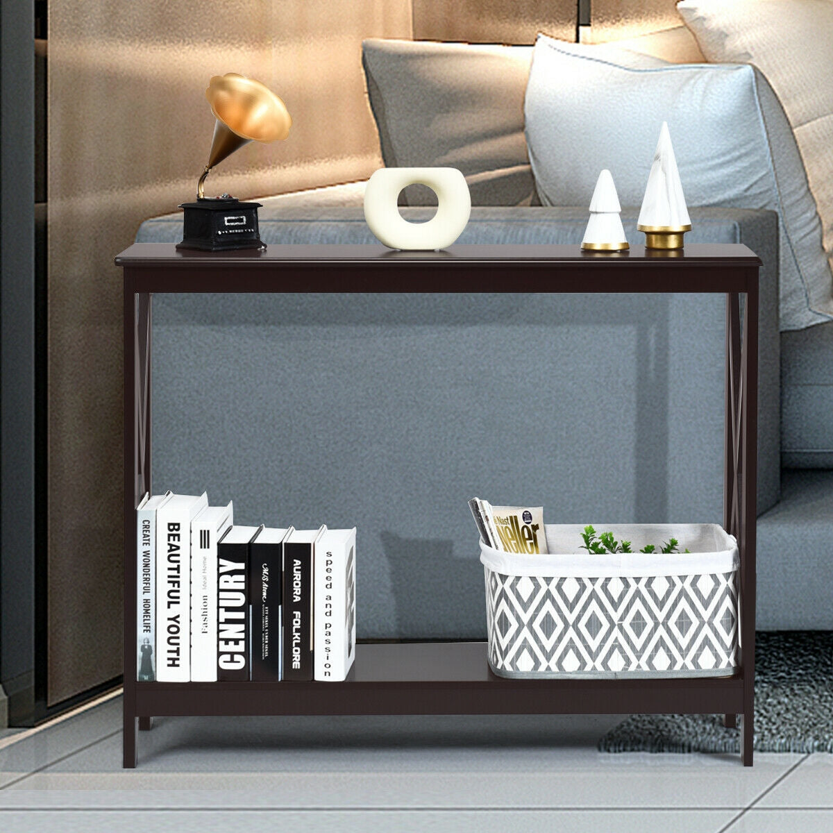 2-Tier Console X-Design Sofa Side Accent Table-Dark BrownÂ