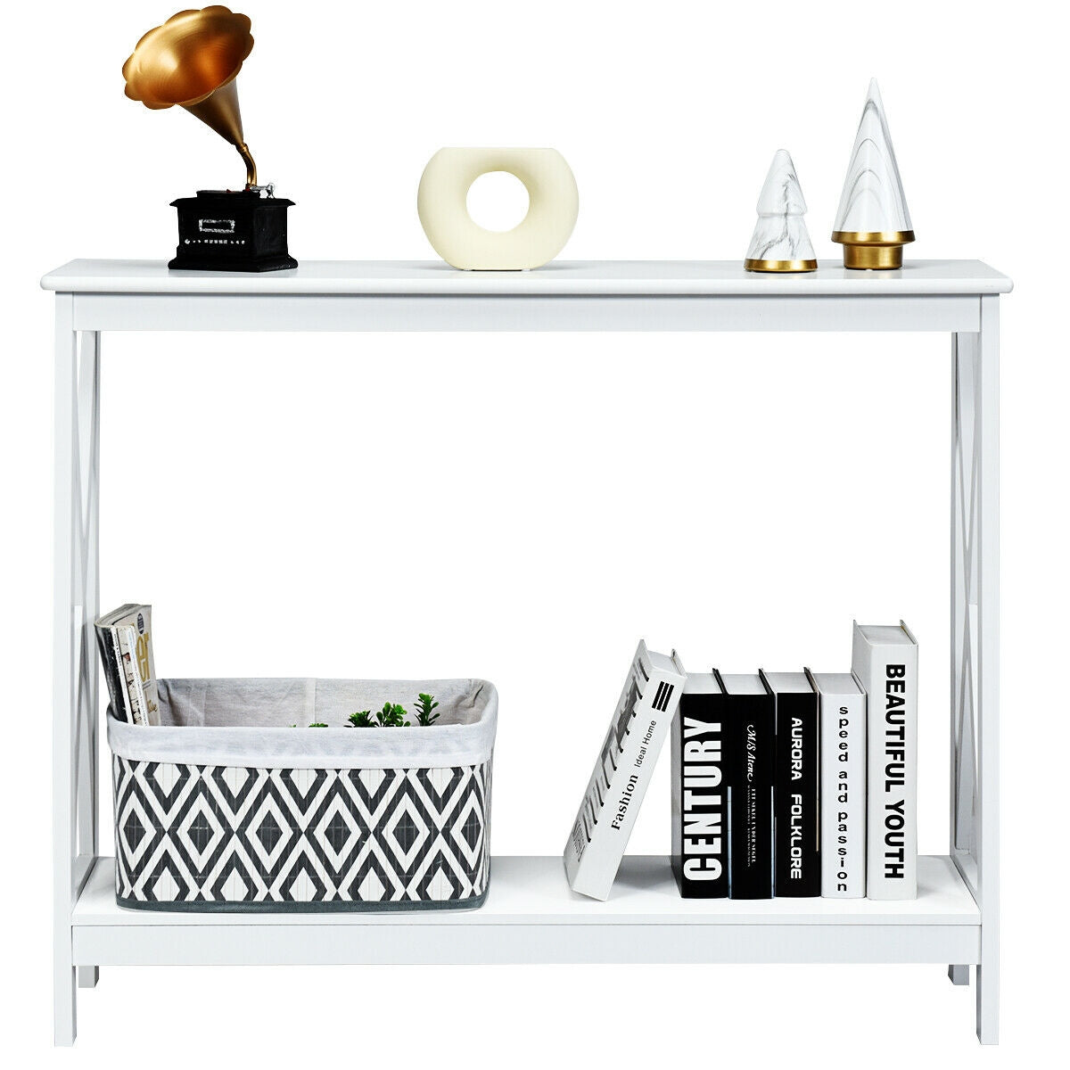 2-Tier Console X-Design Sofa Side Accent Table-WhiteÂ