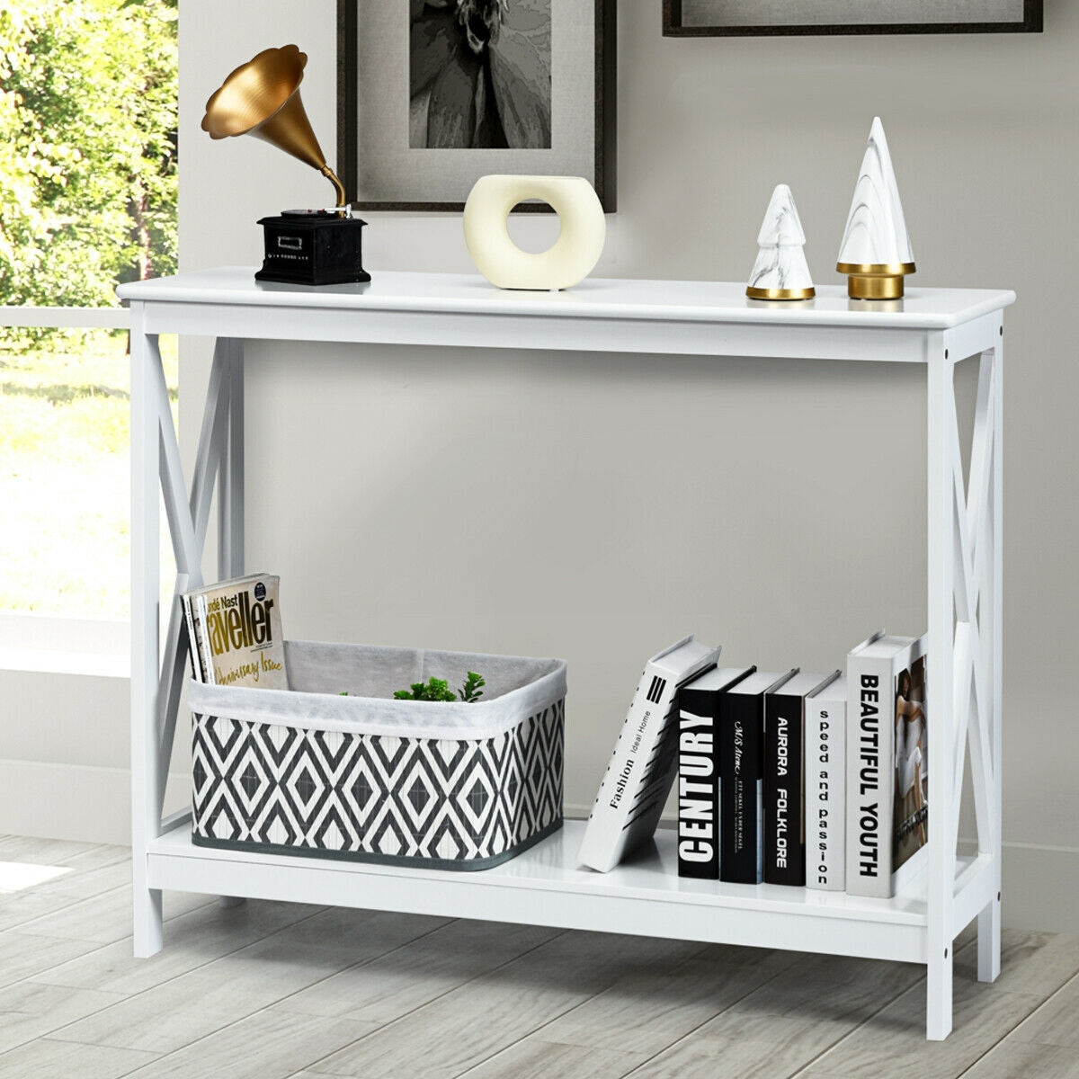 2-Tier Console X-Design Sofa Side Accent Table-WhiteÂ