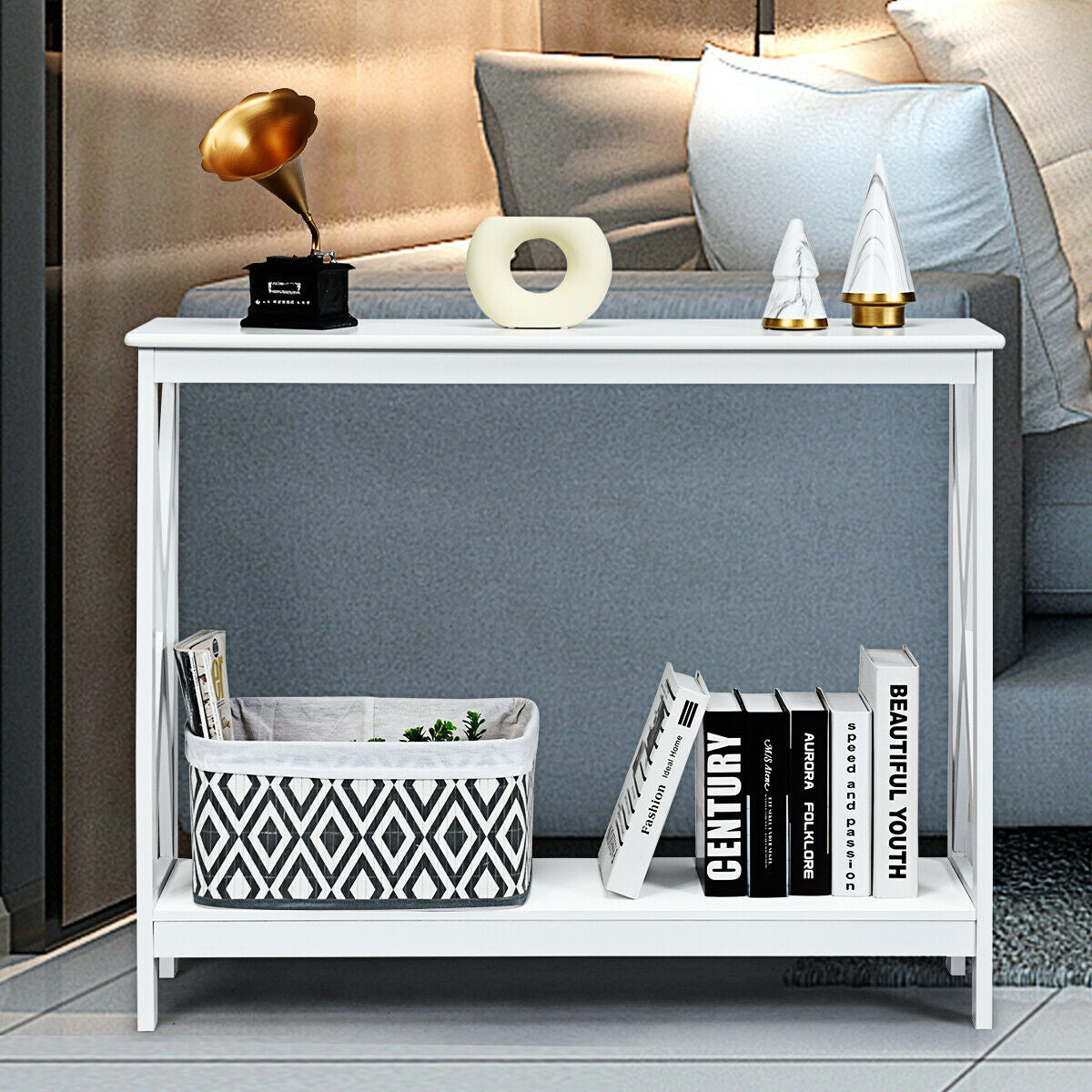 2-Tier Console X-Design Sofa Side Accent Table-WhiteÂ