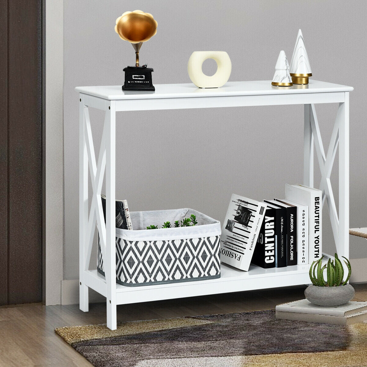 2-Tier Console X-Design Sofa Side Accent Table-WhiteÂ