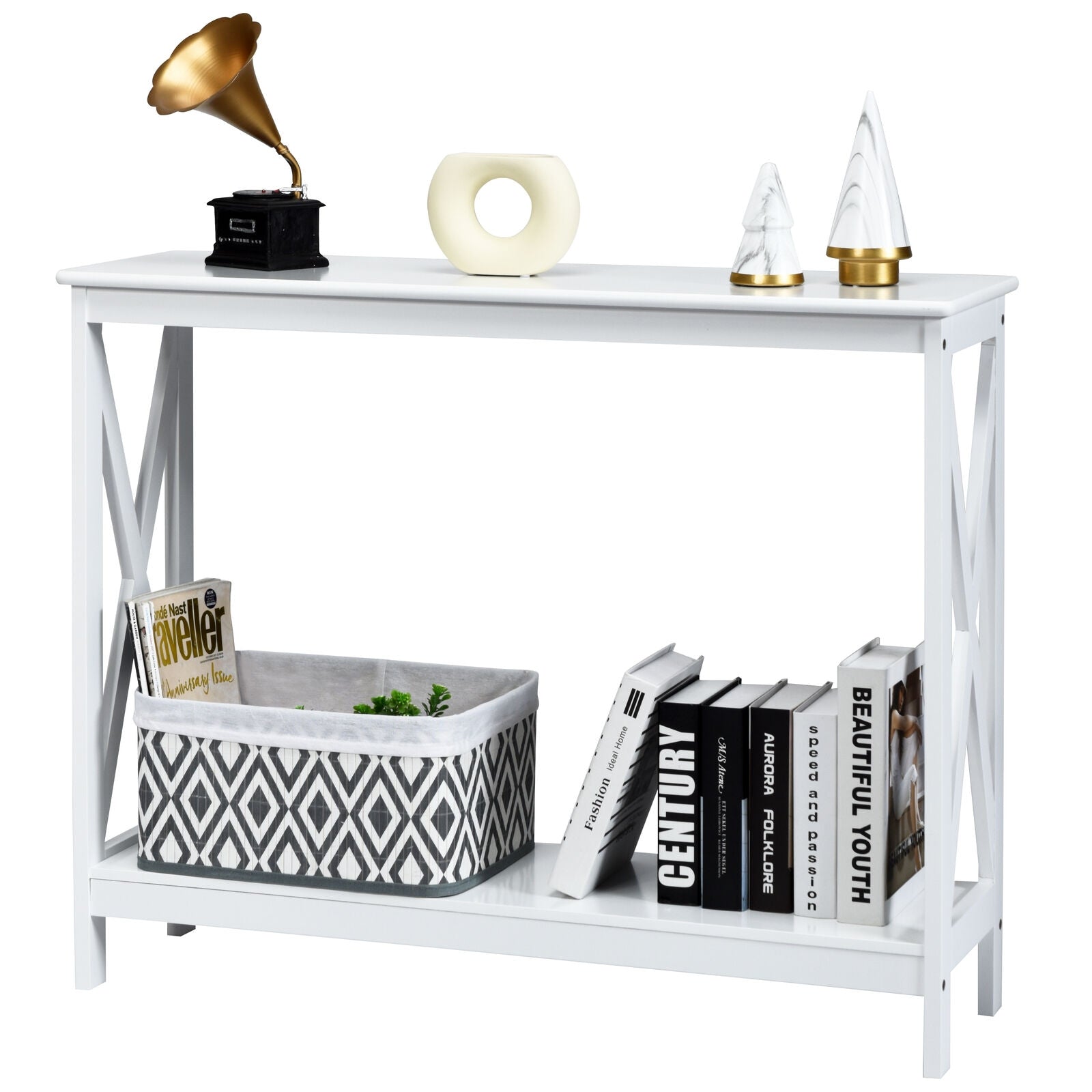 2-Tier Console X-Design Sofa Side Accent Table-WhiteÂ