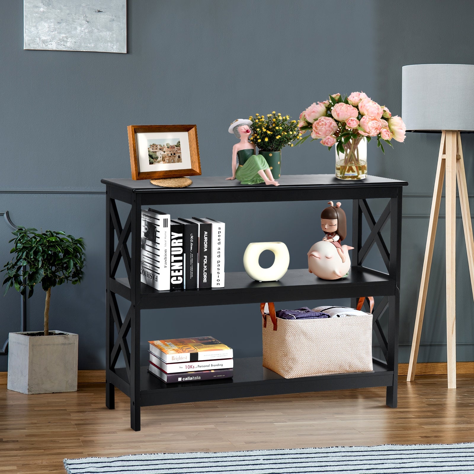 3-Tier Console X-Design Sofa Side Accent Table-BlackÂ