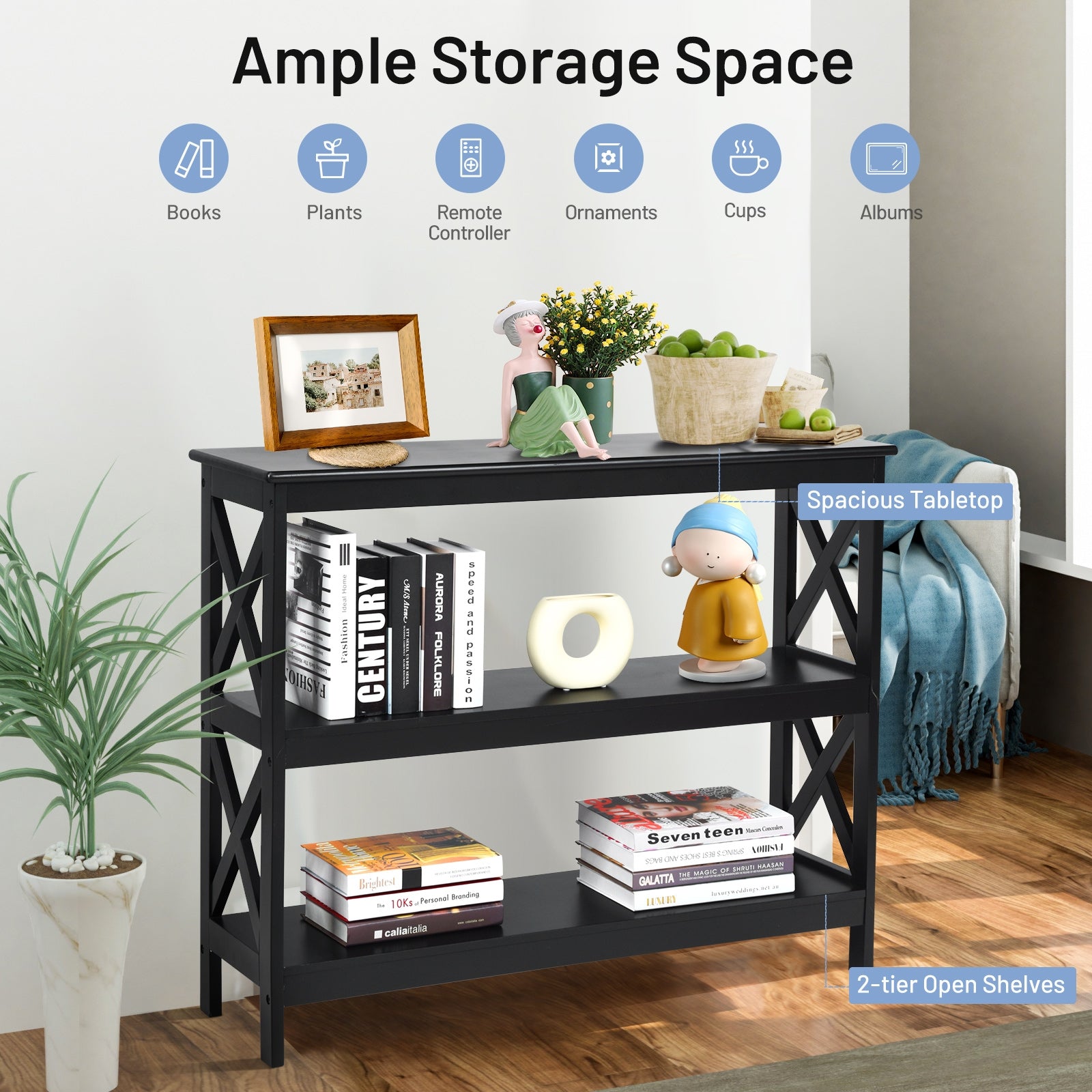 3-Tier Console X-Design Sofa Side Accent Table-BlackÂ