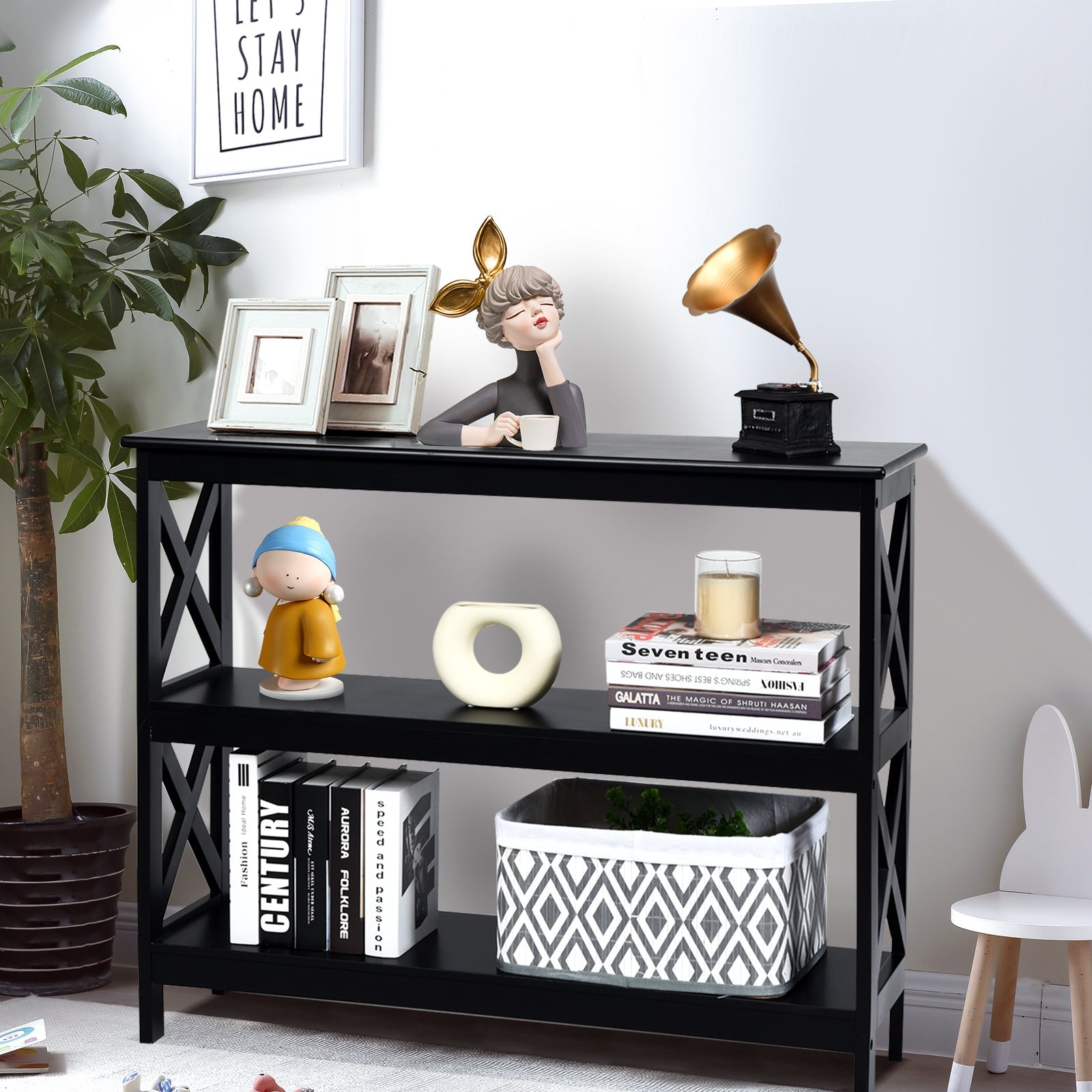 3-Tier Console X-Design Sofa Side Accent Table-BlackÂ